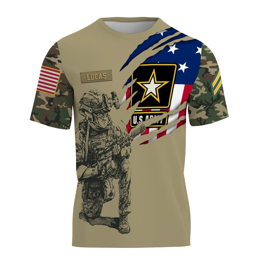 Custom U.S. Army T-Shirt with Name and Rank – Military Tactical Design, American Flag & Soldier Graphic