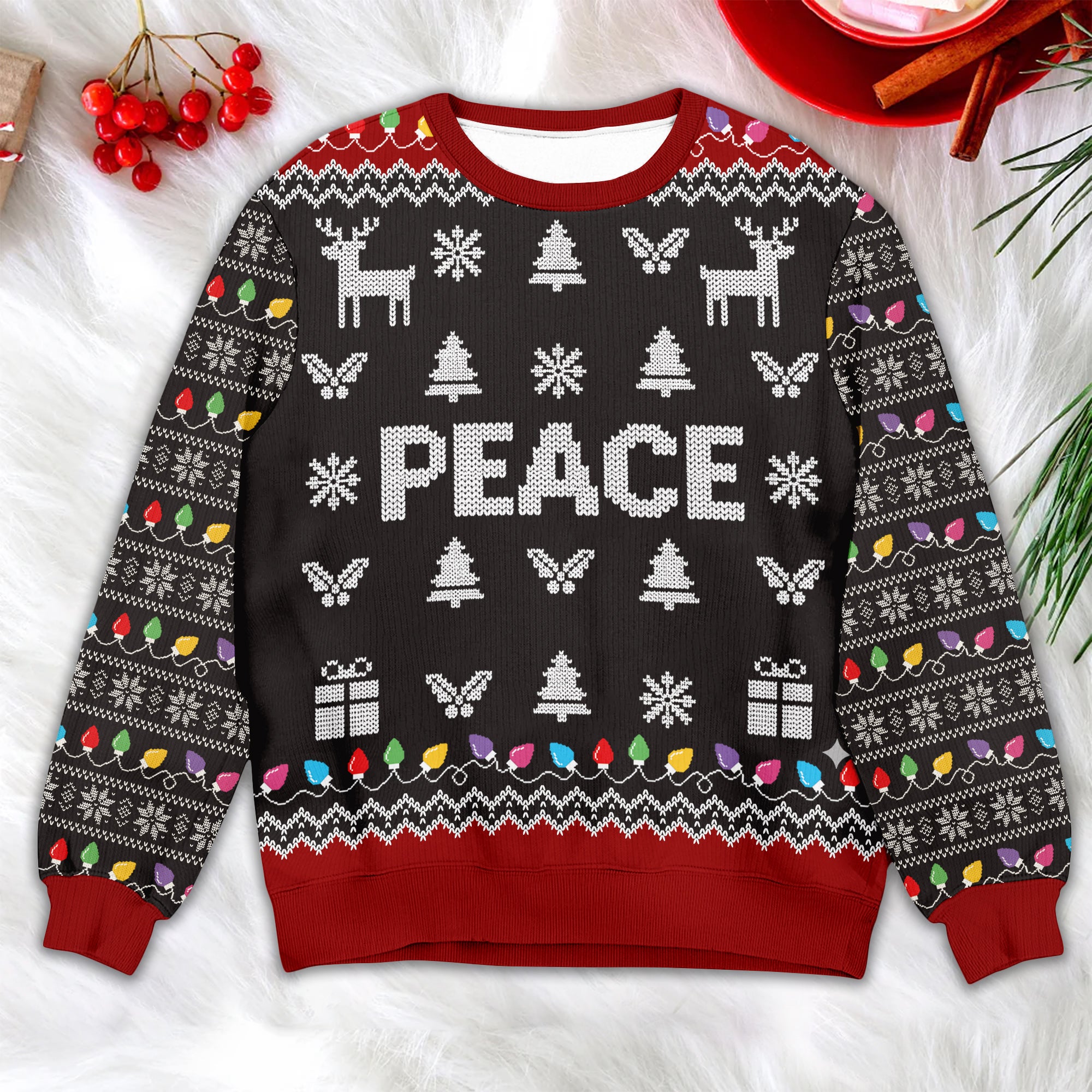 PEACE Christmas Sweater – Holiday Reindeer & Lights Design