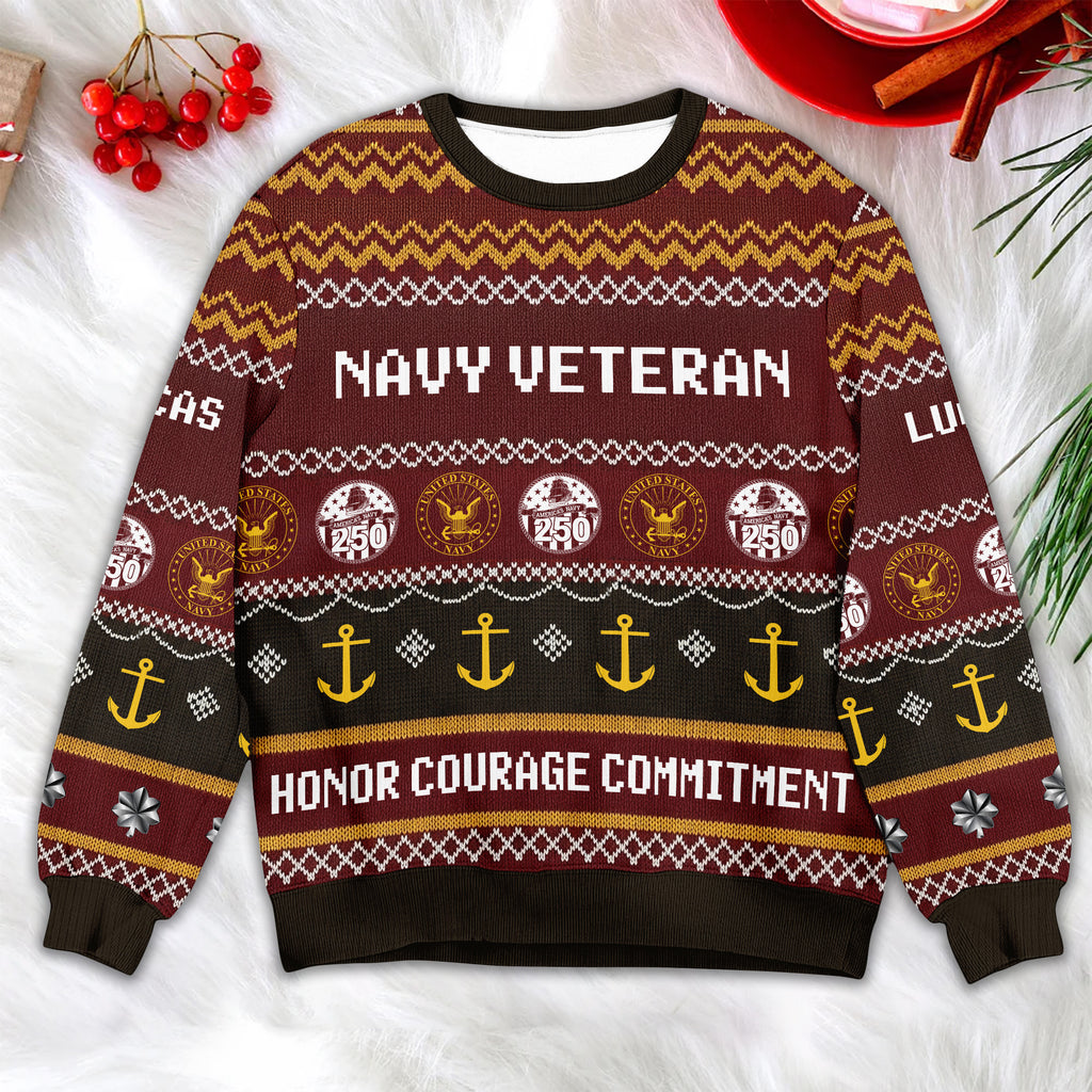 Navy Veteran Ugly Christmas Sweater – Honor Courage Commitment