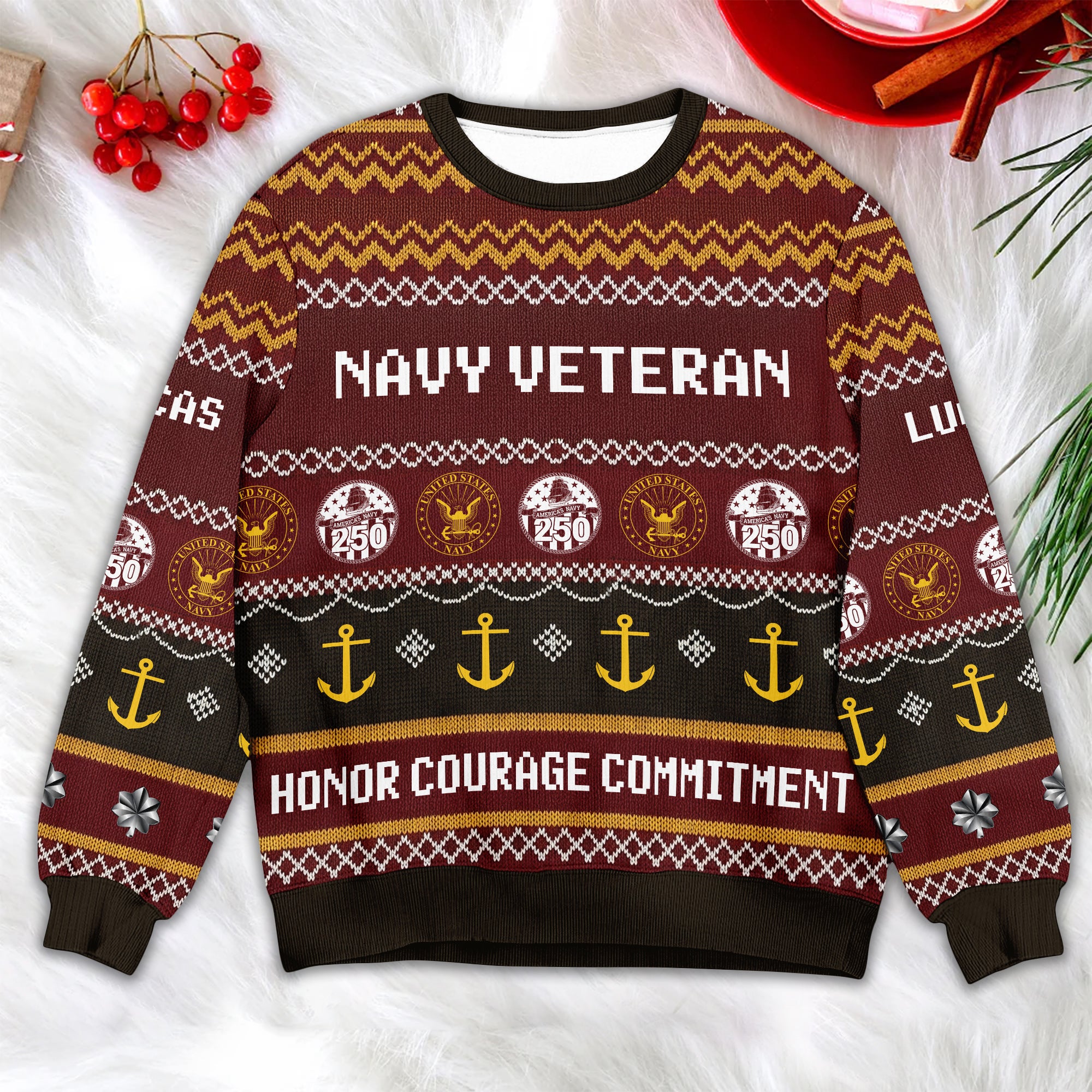 Navy Veteran Ugly Christmas Sweater – Honor Courage Commitment