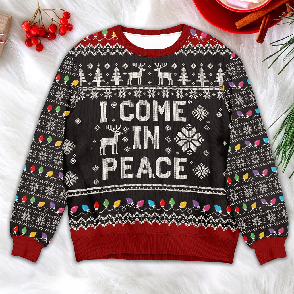 I Come In Peace Christmas Sweater – Reindeer & Lights