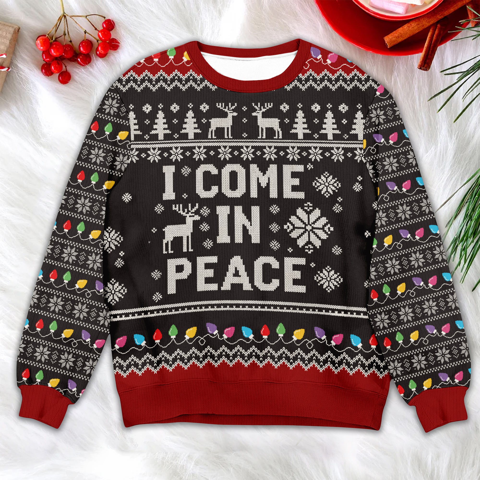 I Come In Peace Christmas Sweater – Reindeer & Lights