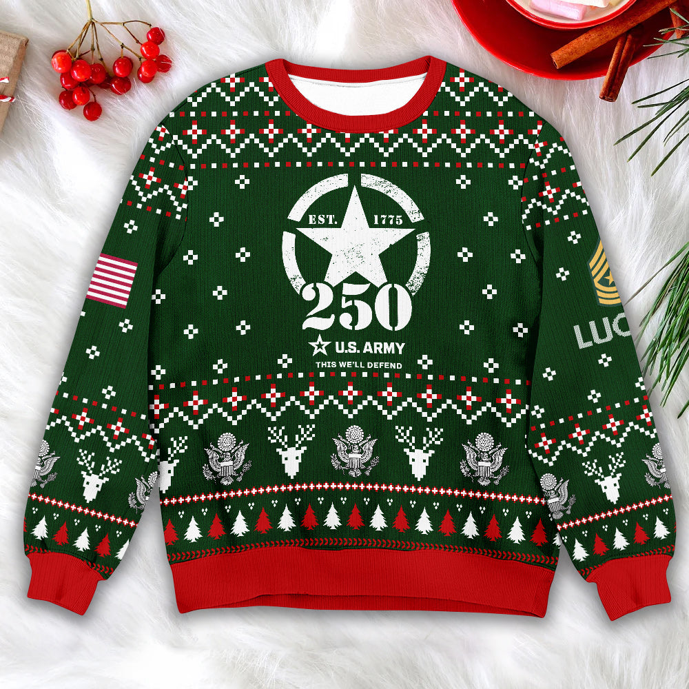 U.S. Army 250th Anniversary Ugly Christmas Sweater - Patriotic Military Veteran Holiday Gift