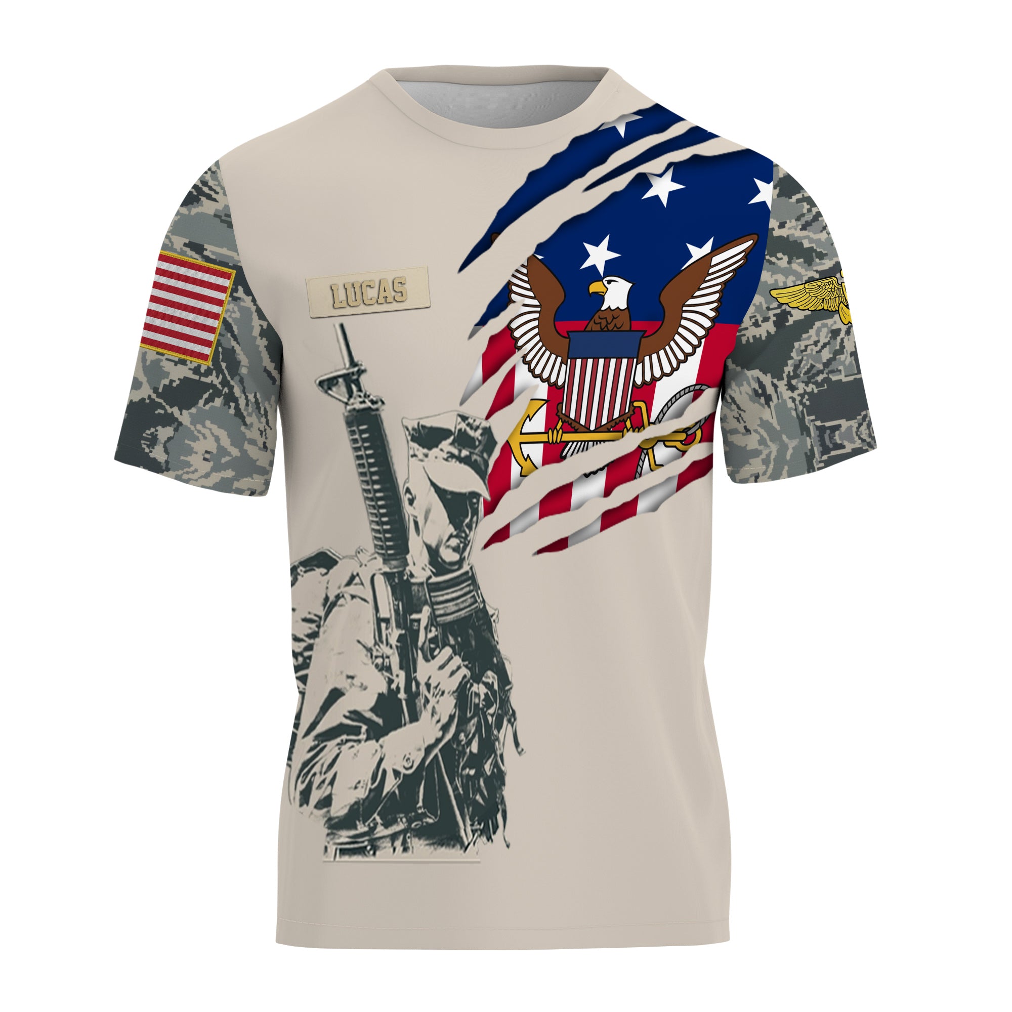 Custom U.S. Navy Veteran Shirt, Personalized Name & Rank Military Tee, American Flag Camo Soldier Shirt, Veteran Gift for Him