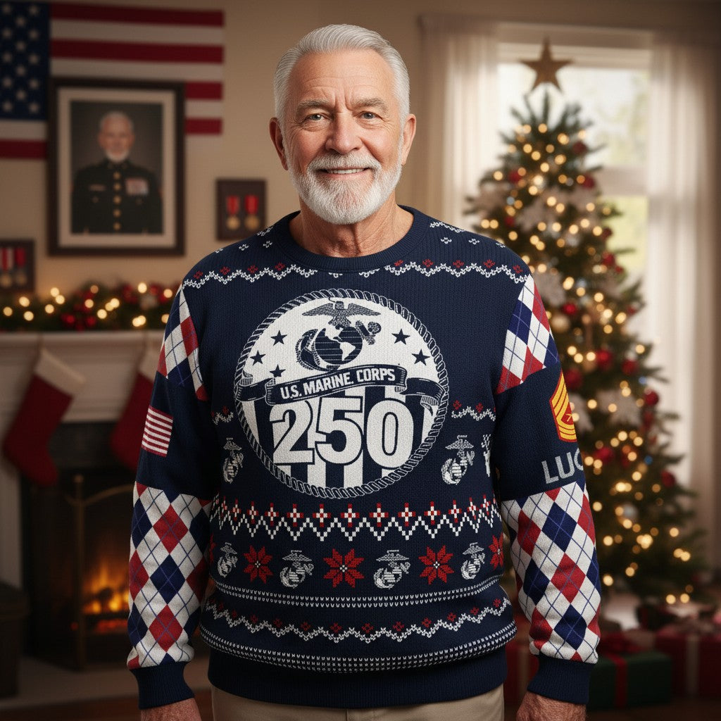 Proud Marine Family Ugly Christmas Sweater - USMC Holiday Sweater for Veterans and Supporters