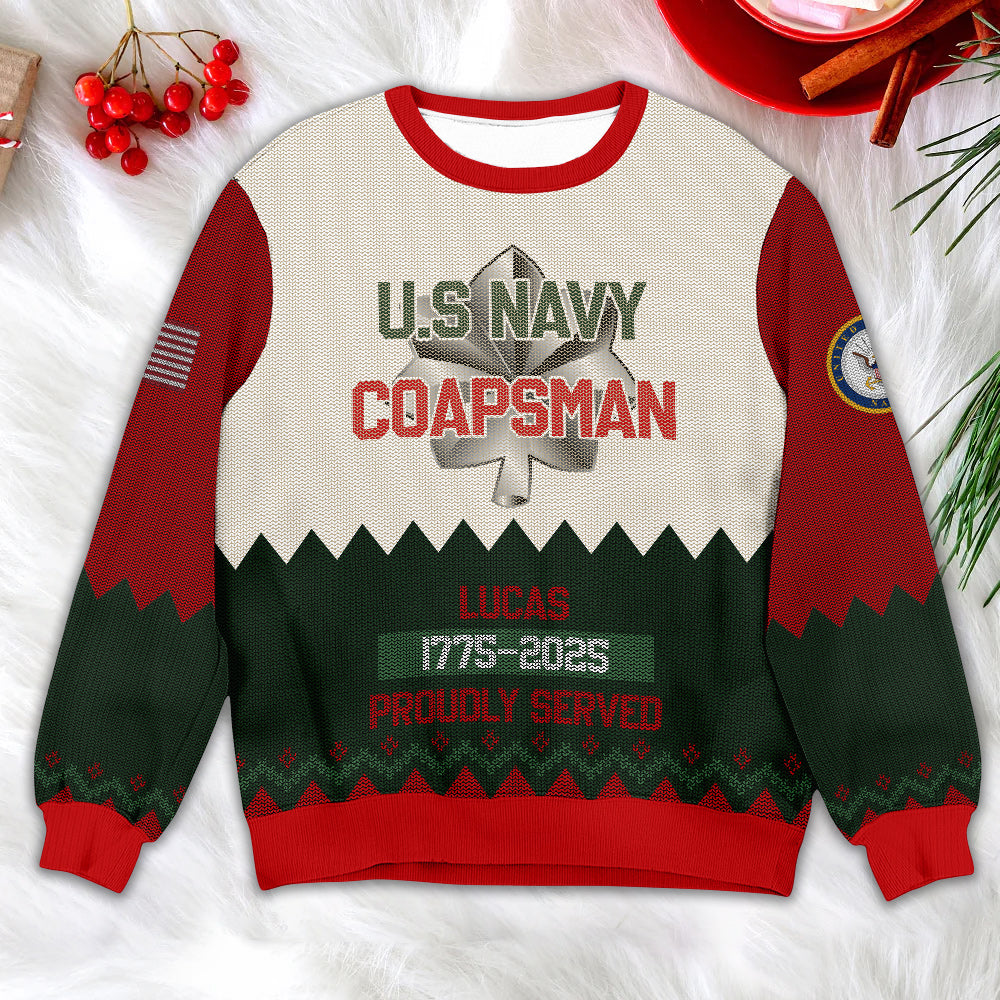 US Navy Corpsman Ugly Christmas Sweater – Personalized Military Veteran Proudly Served Gift