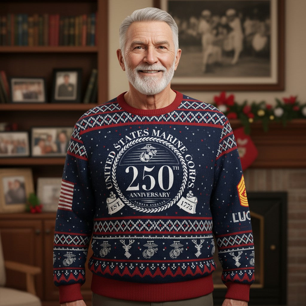 US Marine Corps 250th Anniversary Ugly Christmas Sweater - Patriotic Veteran Holiday Gift