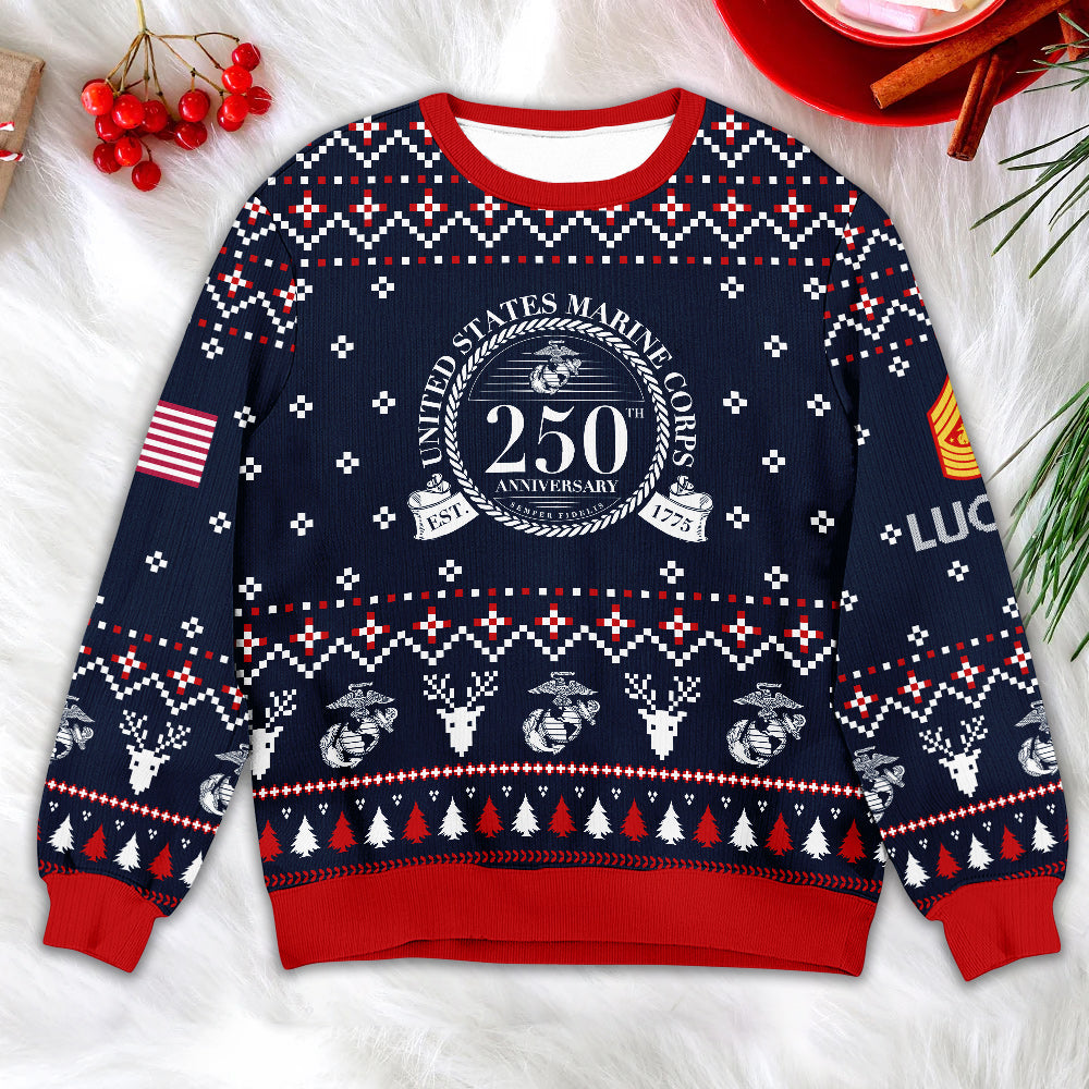 US Marine Corps 250th Anniversary Ugly Christmas Sweater – Military Veteran Holiday Gift