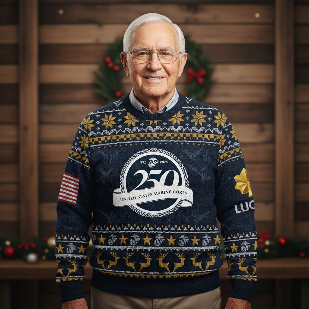 US Marine Corps Christmas Ugly Sweater - Proud Marine Veteran Holiday Pullover Gift