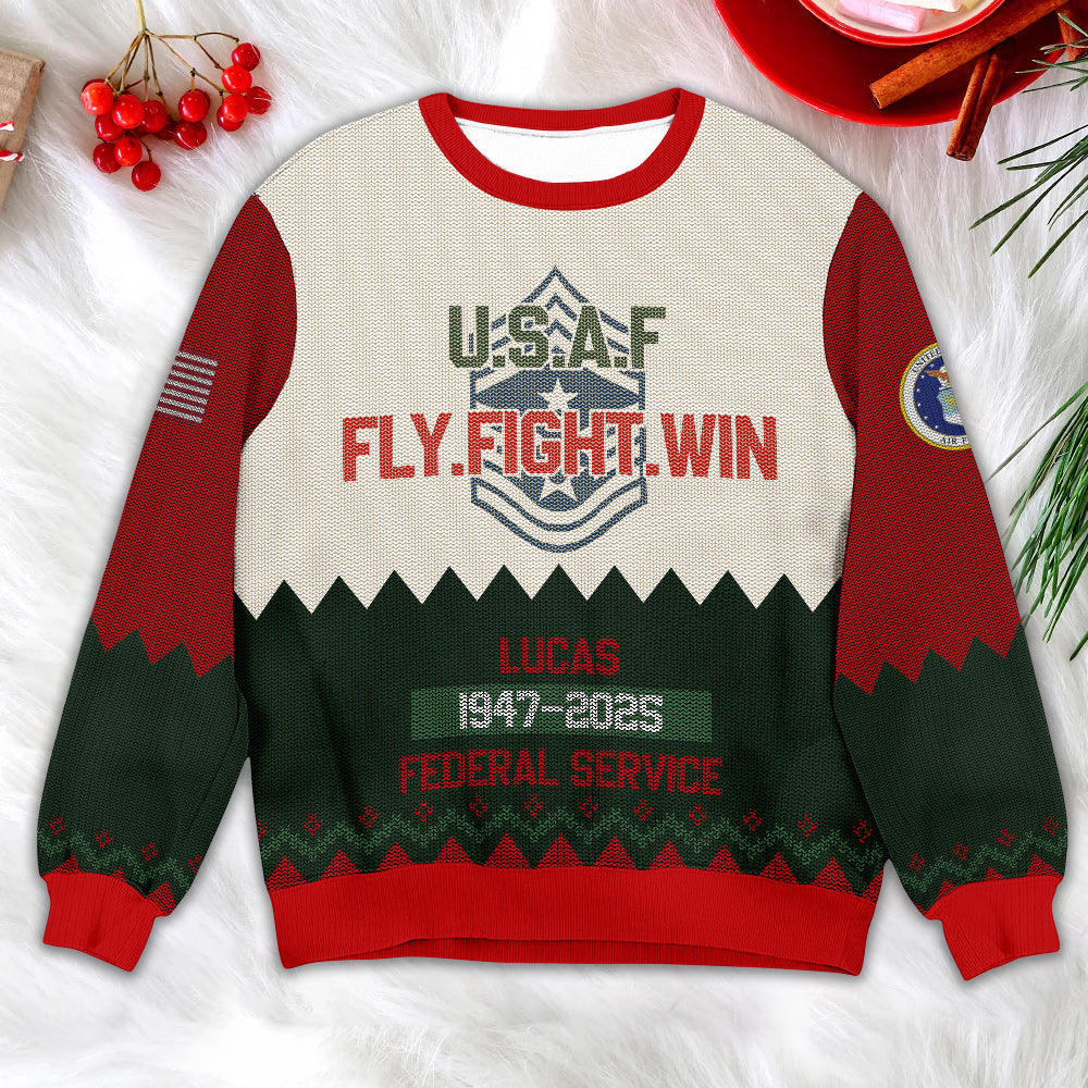 USAF Fly Fight Win Ugly Christmas Sweater – Personalized Air Force Veteran Federal Service Gift