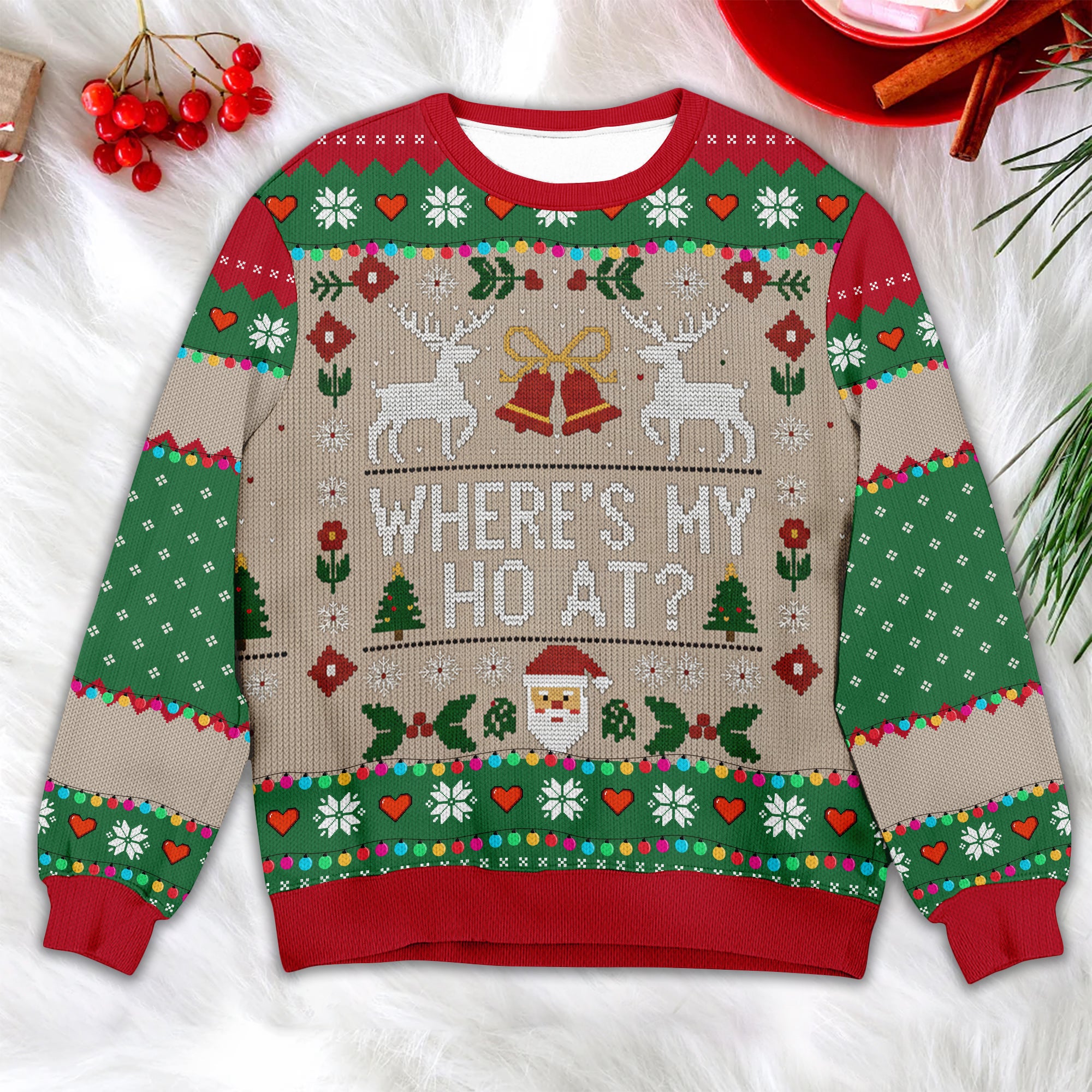 Where's my HO at? - Festive Reindeer Pattern Christmas Ugly Sweater