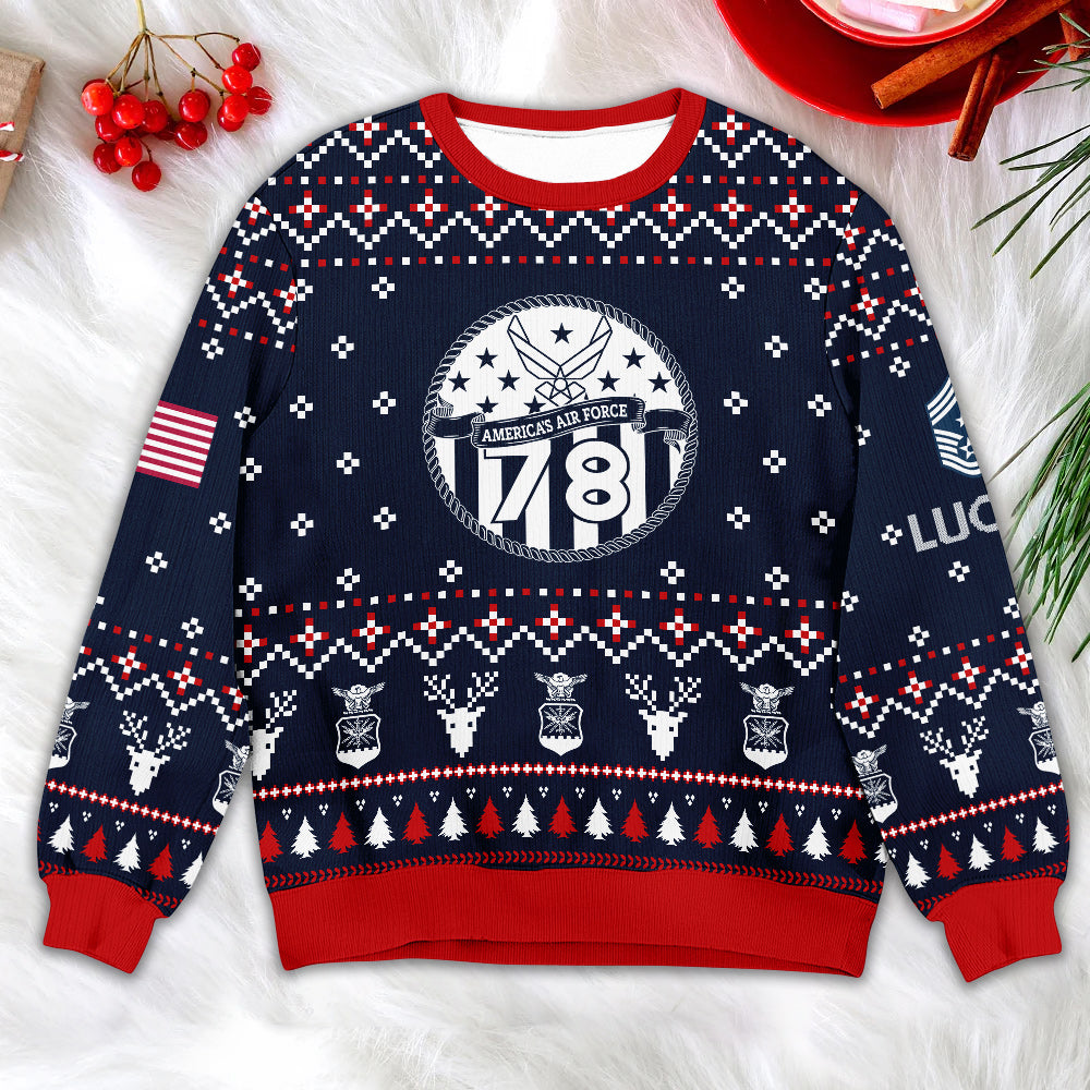 Personalized Air Force Christmas Sweater – USAF Fly Fight Win Ugly Sweater Gift for Veterans
