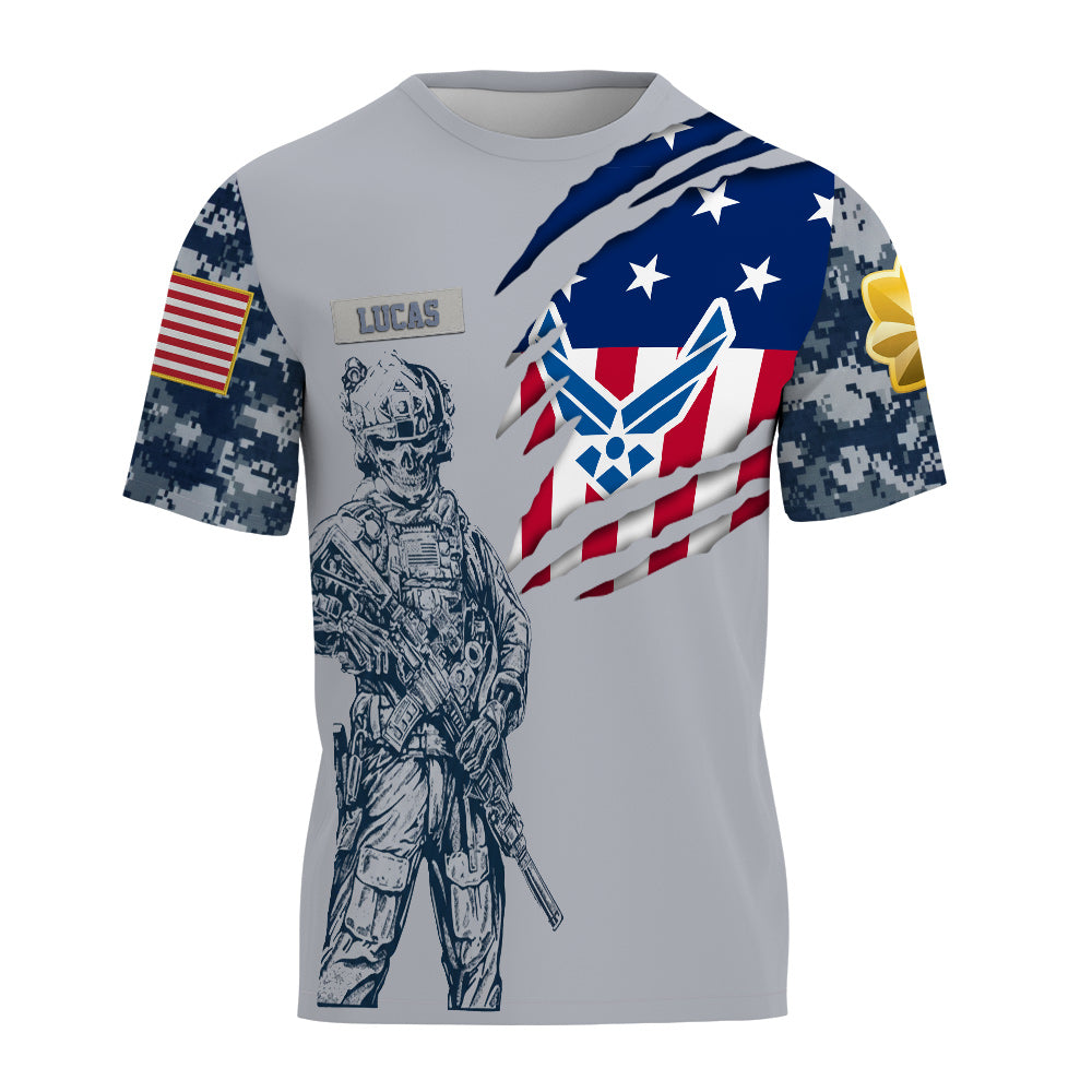 Custom U.S. Air Force Veteran Shirt, Personalized Name & Rank Military Tee, American Flag Camo Soldier Shirt, Veteran Gift for Him