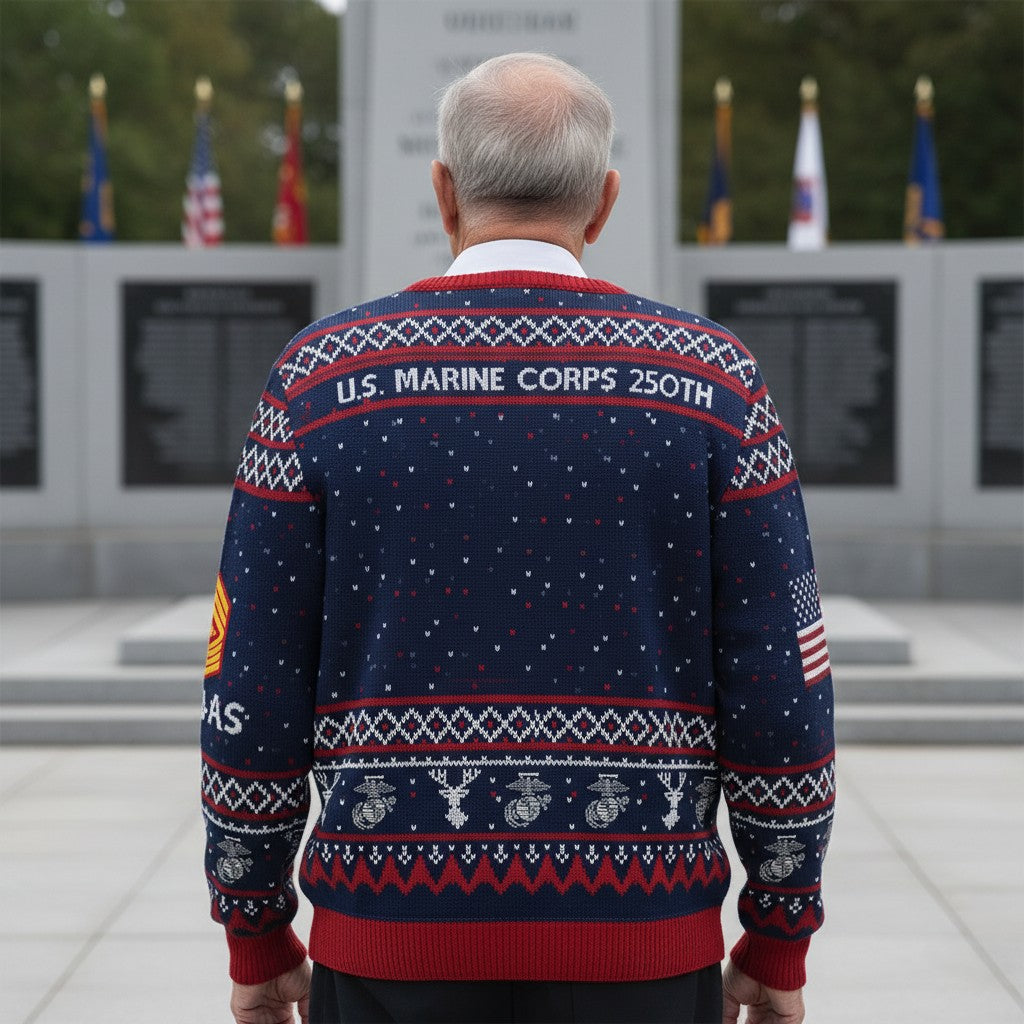 US Marine Corps 250th Anniversary Ugly Christmas Sweater - Patriotic Veteran Holiday Gift