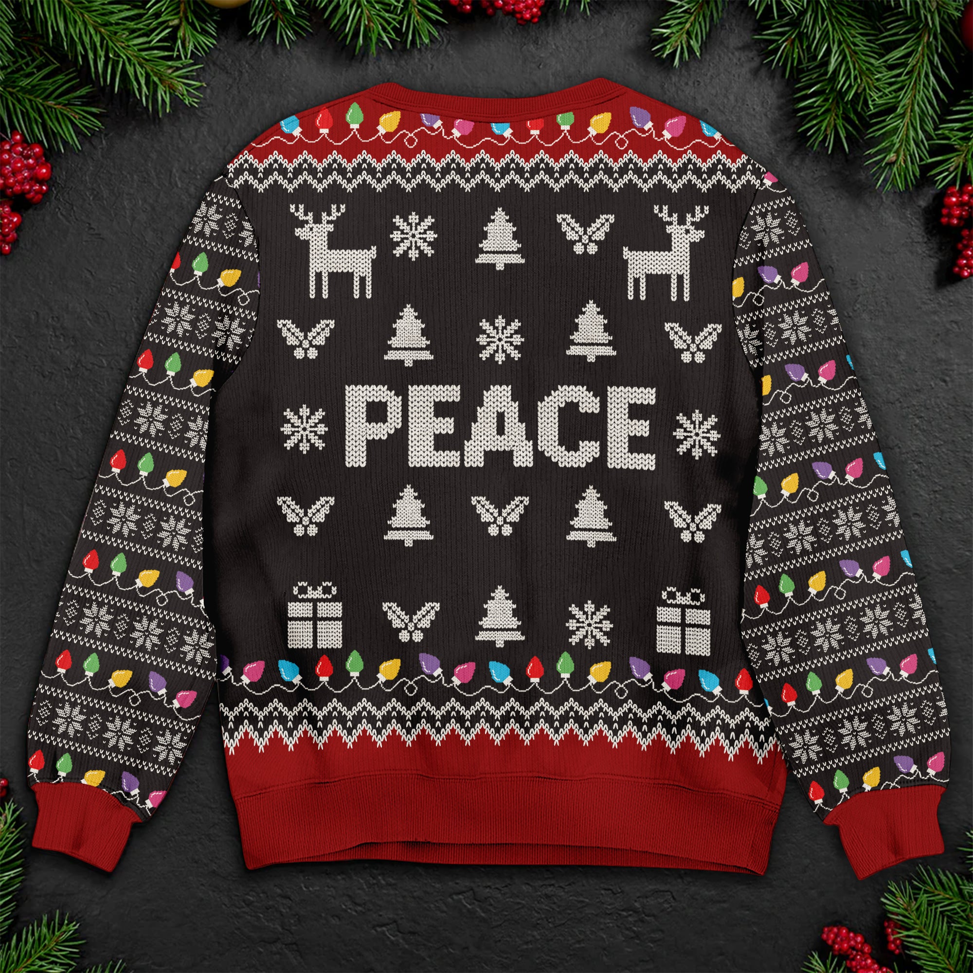PEACE Christmas Sweater – Holiday Reindeer & Lights Design