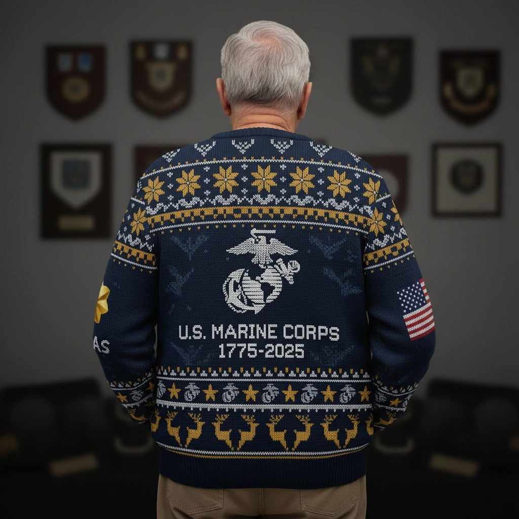 US Marine Corps Christmas Ugly Sweater - Proud Marine Veteran Holiday Pullover Gift
