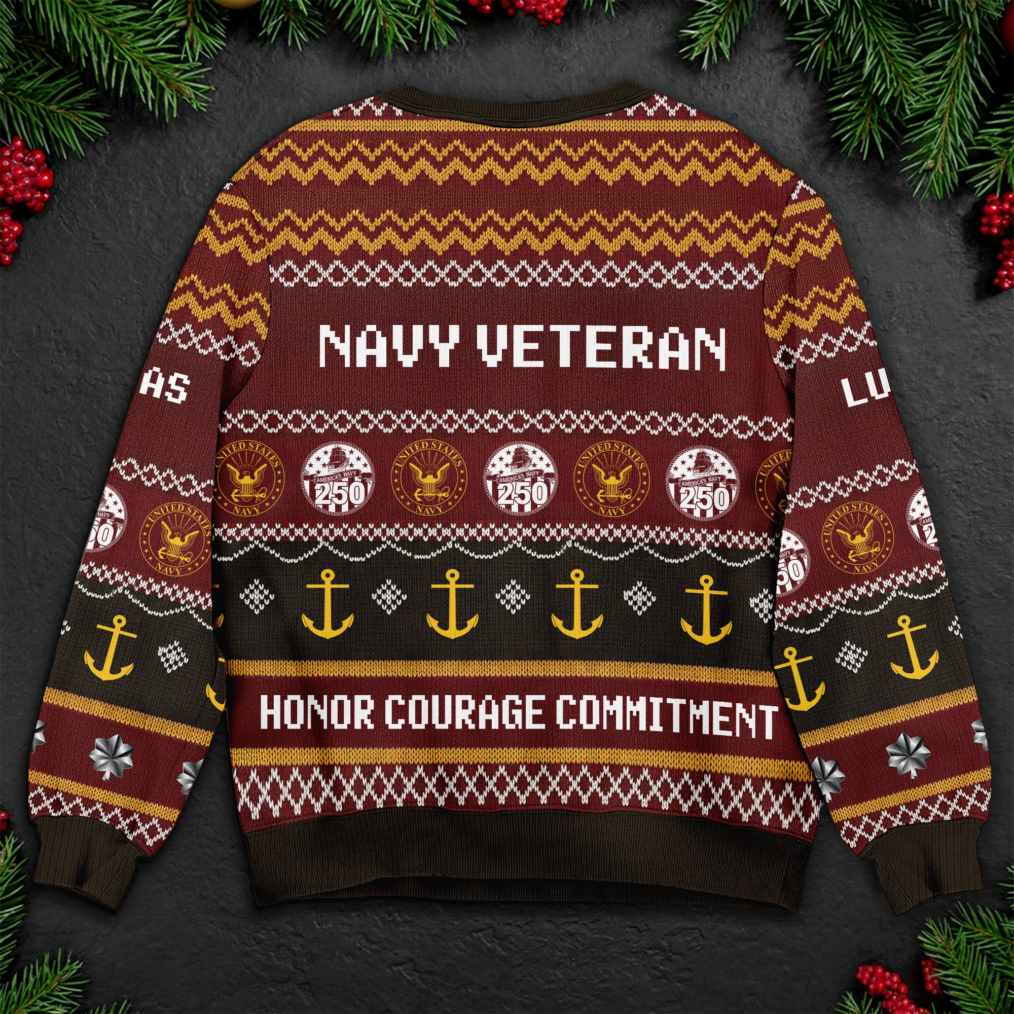 Navy Veteran Ugly Christmas Sweater – Honor Courage Commitment