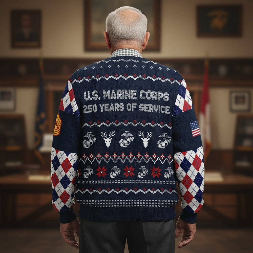 Proud Marine Family Ugly Christmas Sweater - USMC Holiday Sweater for Veterans and Supporters