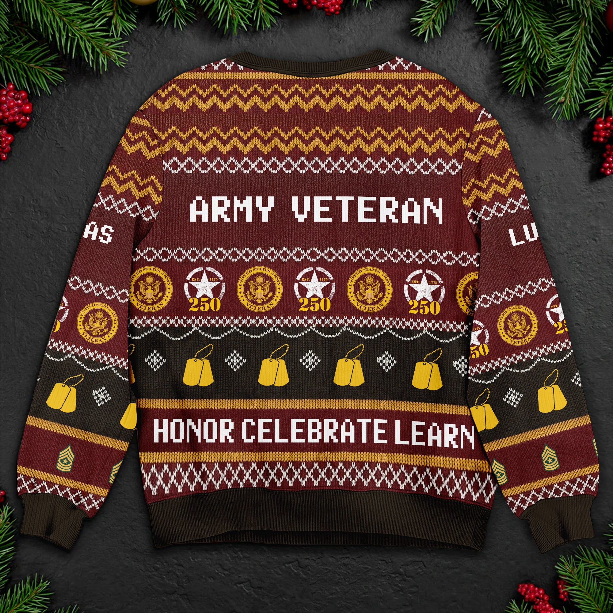 Army Veteran Ugly Christmas Sweater – Honor Celebrate Learn