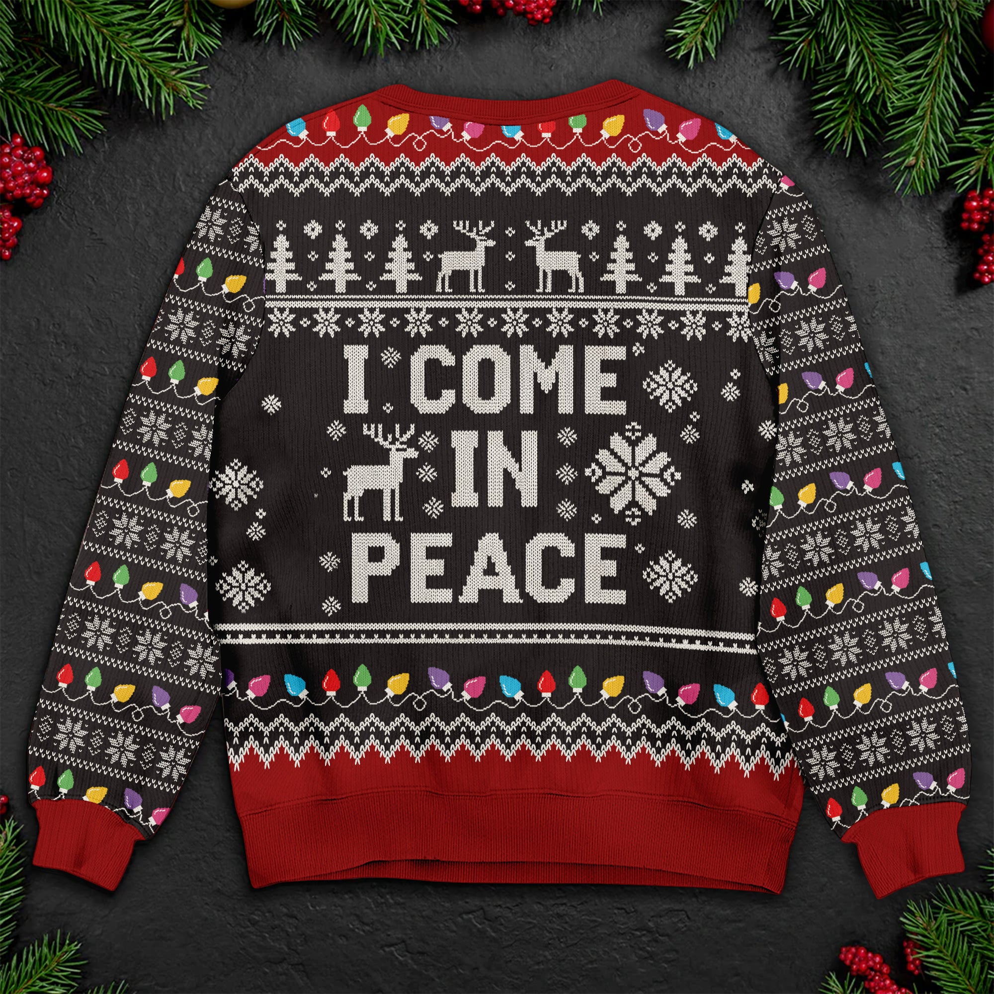 I Come In Peace Christmas Sweater – Reindeer & Lights