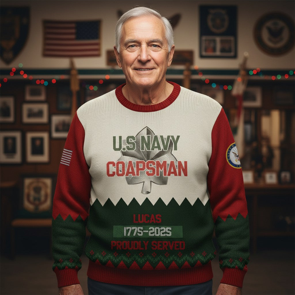 US Navy Corpsman Ugly Christmas Sweater – Personalized Military Veteran Proudly Served Gift