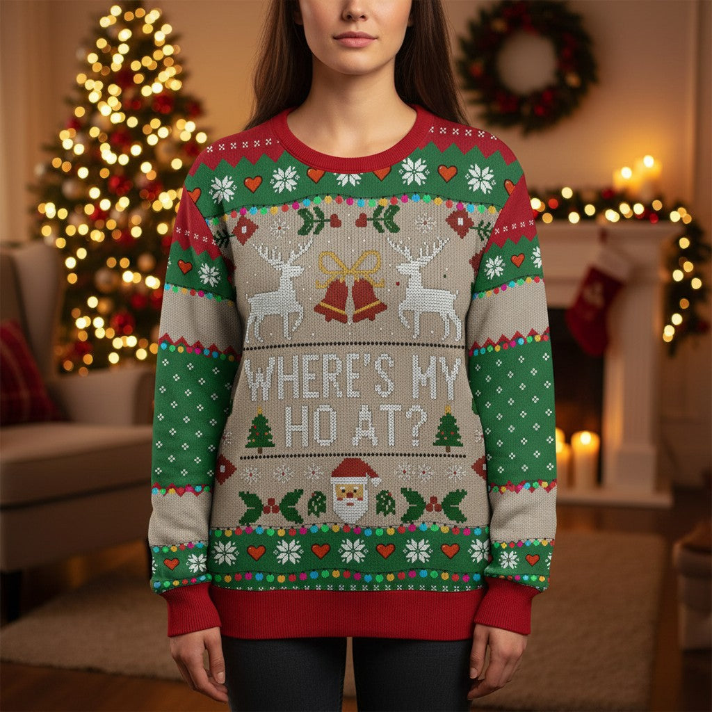 Where's my HO at? - Festive Reindeer Pattern Christmas Ugly Sweater