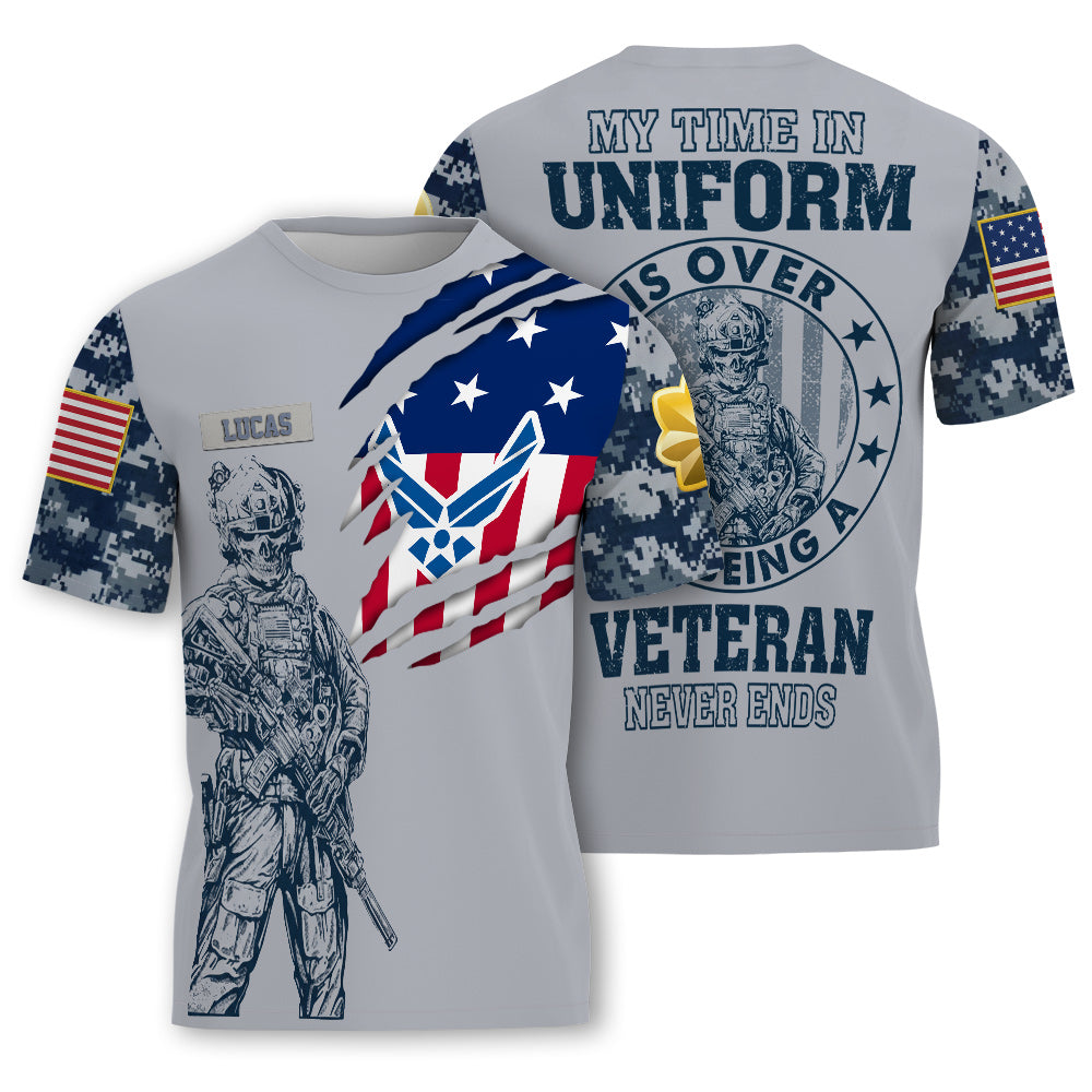Custom U.S. Air Force Veteran Shirt, Personalized Name & Rank Military Tee, American Flag Camo Soldier Shirt, Veteran Gift for Him