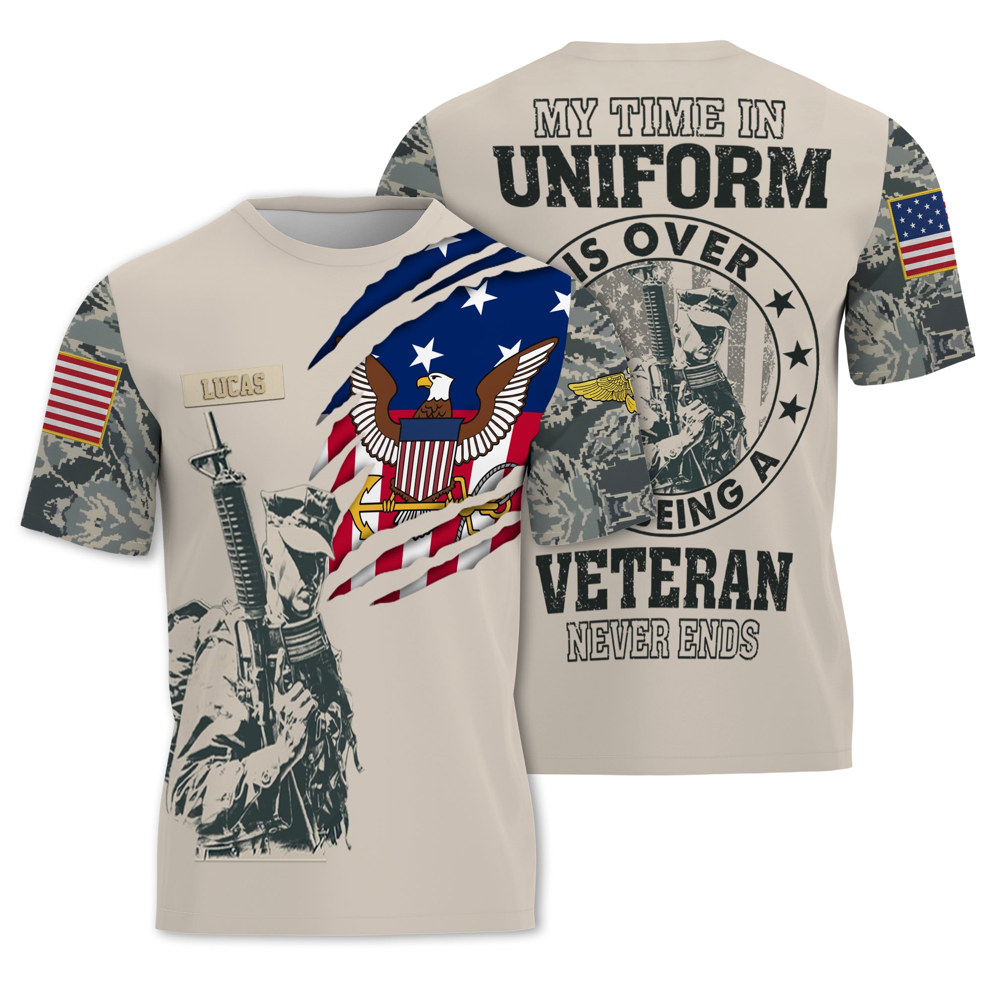 Custom U.S. Navy Veteran Shirt, Personalized Name & Rank Military Tee, American Flag Camo Soldier Shirt, Veteran Gift for Him