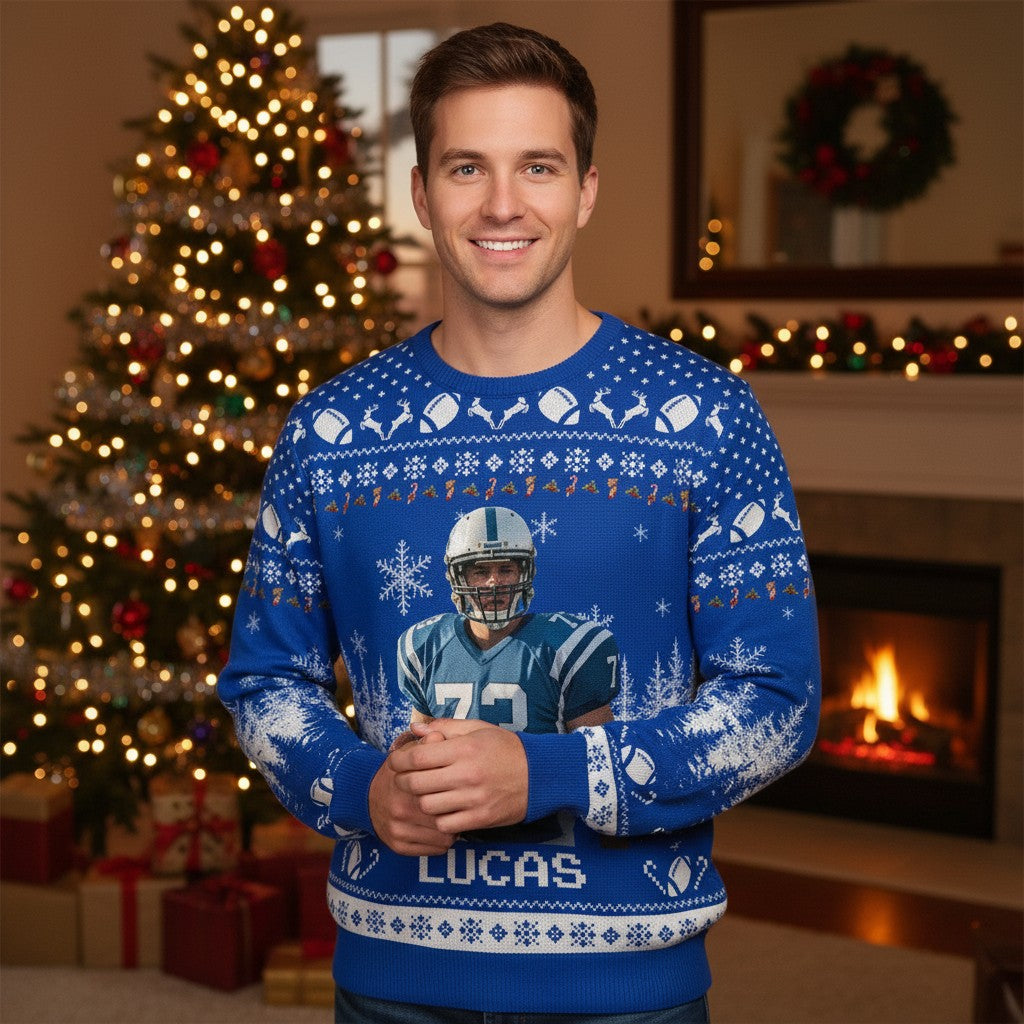 Personalized Football Christmas Sweater - Custom Face & Name Gift for Football Fans