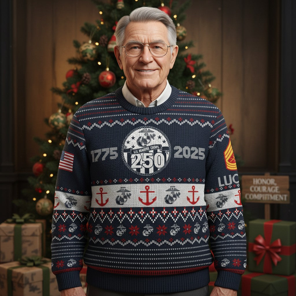 USMC 250th Anniversary Ugly Christmas Sweater – Marine Veteran Gift