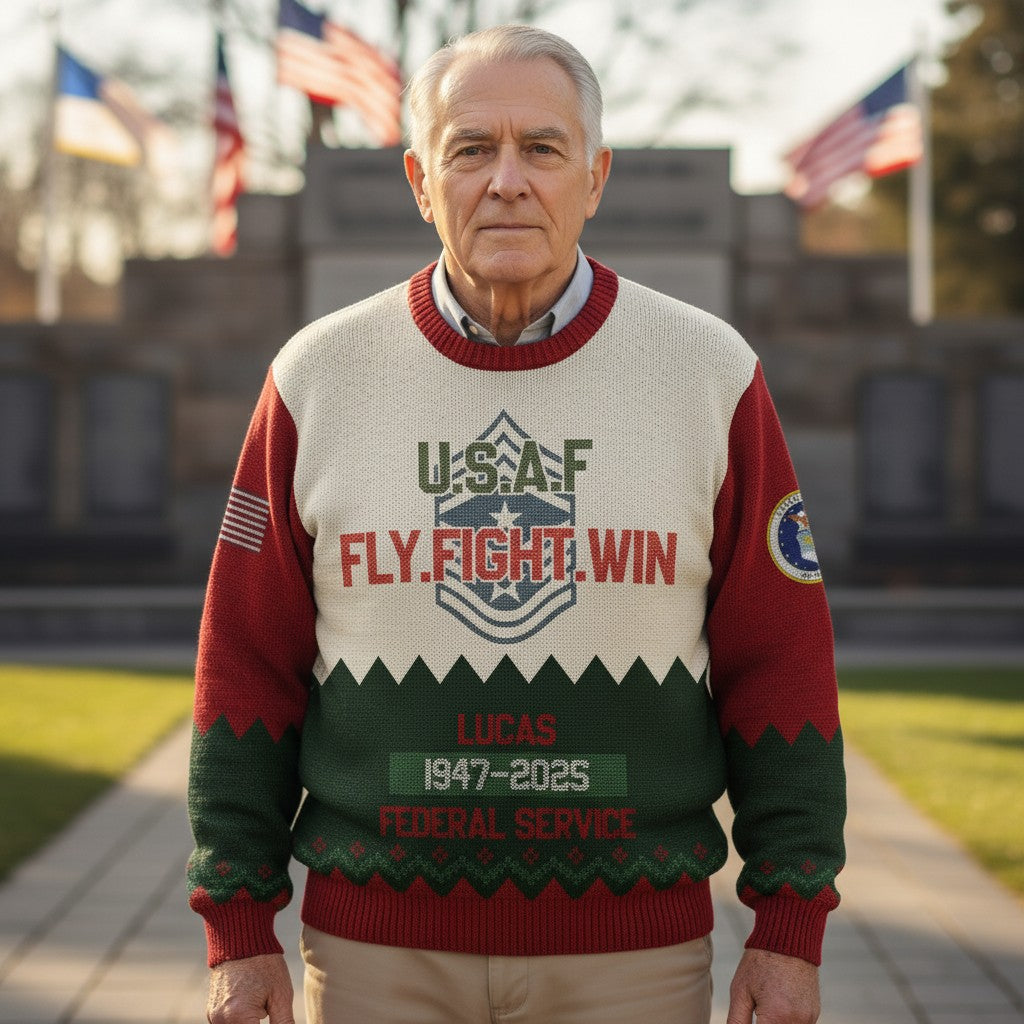 USAF Fly Fight Win Ugly Christmas Sweater – Personalized Air Force Veteran Federal Service Gift