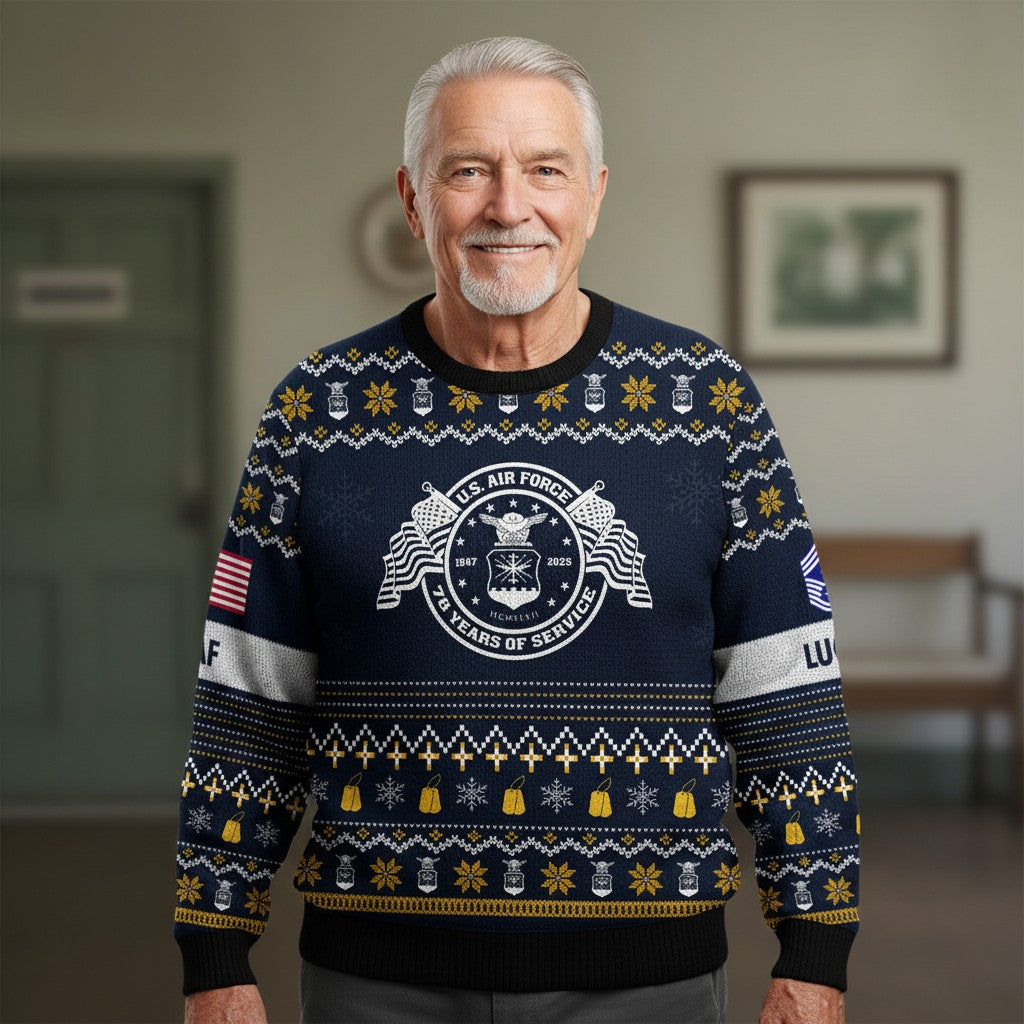 Air Force Ugly Christmas Sweater – Custom USAF Fly Fight Win Military Veteran Holiday Gift