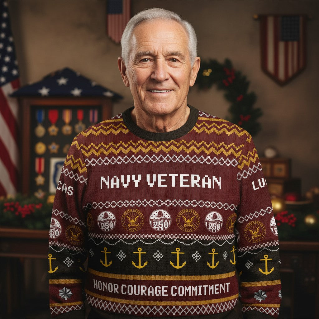 Navy Veteran Ugly Christmas Sweater – Honor Courage Commitment