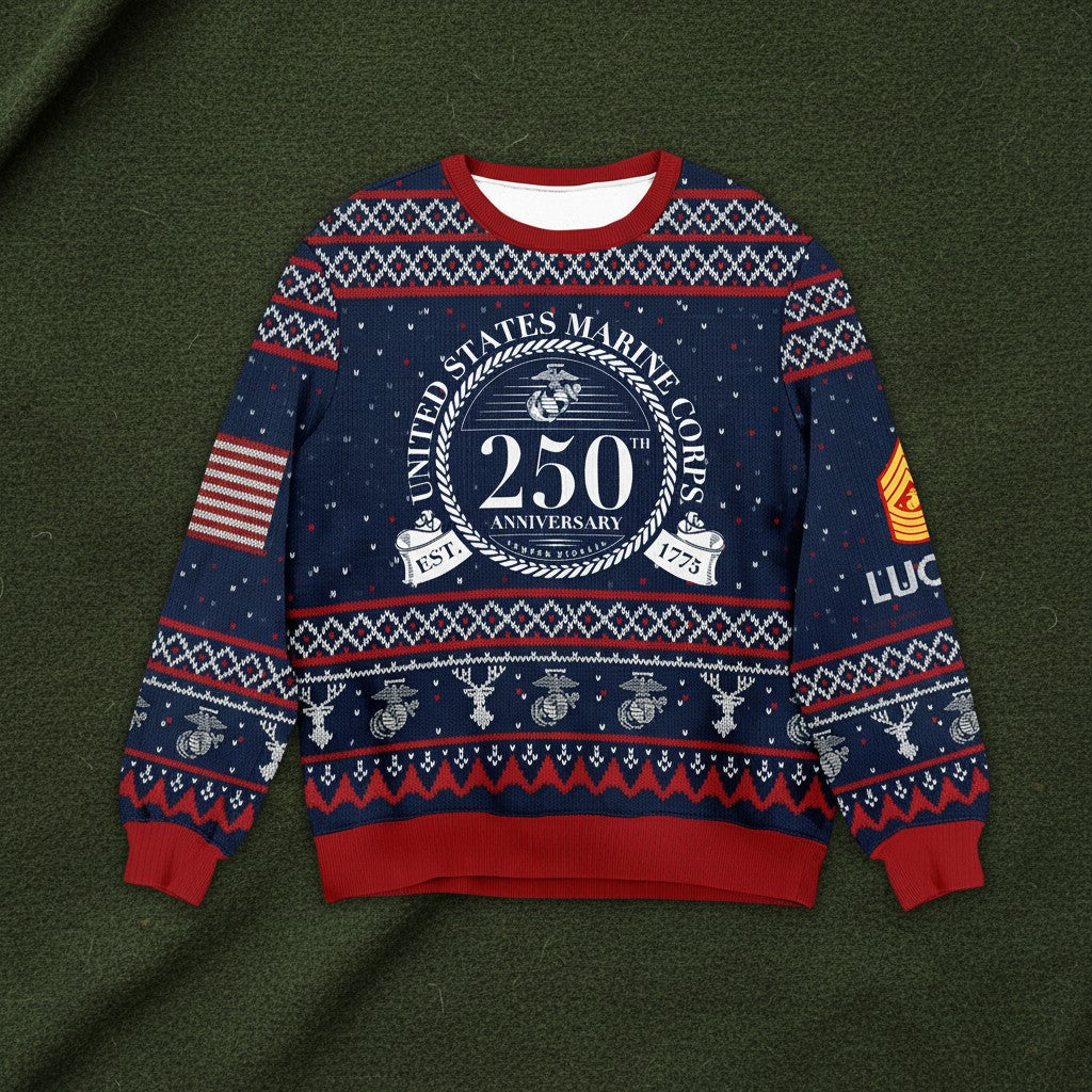 US Marine Corps 250th Anniversary Ugly Christmas Sweater - Patriotic Veteran Holiday Gift