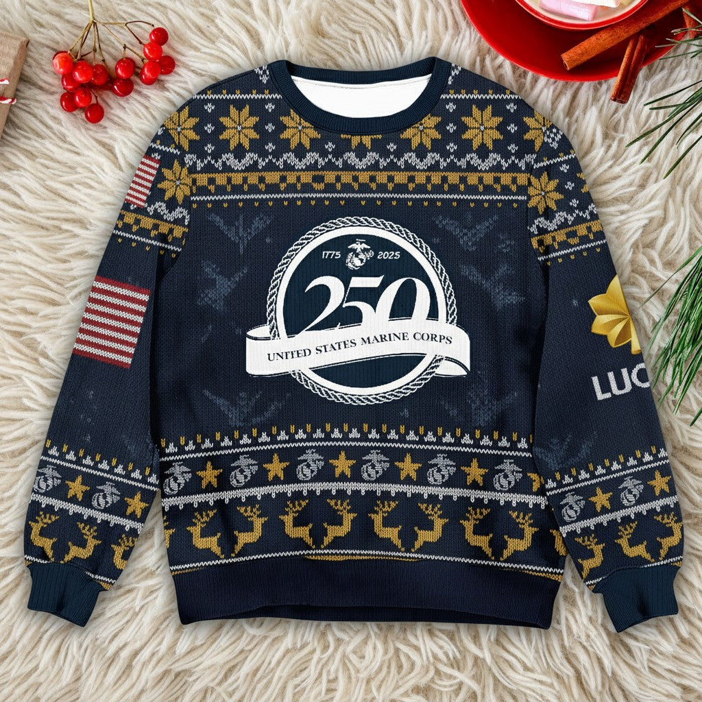 US Marine Corps Christmas Ugly Sweater - Proud Marine Veteran Holiday Pullover Gift