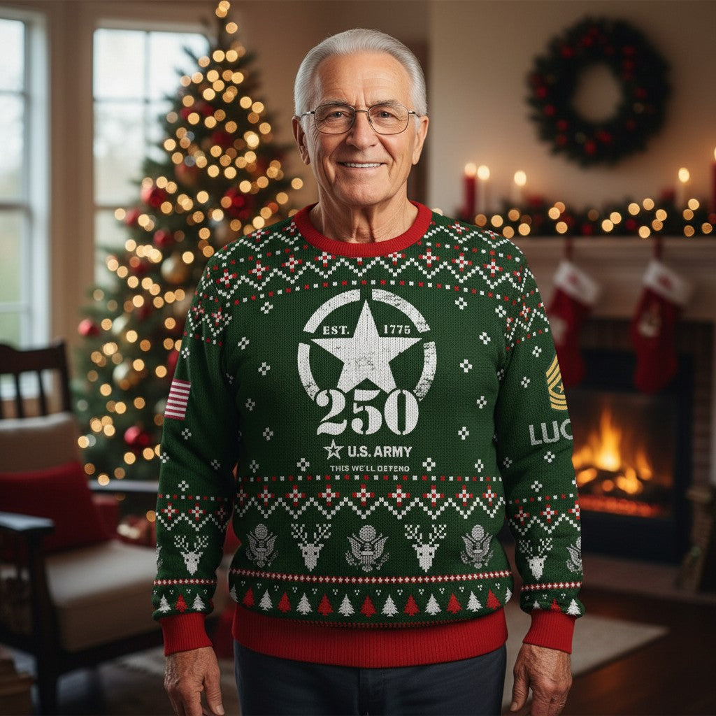 U.S. Army 250th Anniversary Ugly Christmas Sweater - Patriotic Military Veteran Holiday Gift
