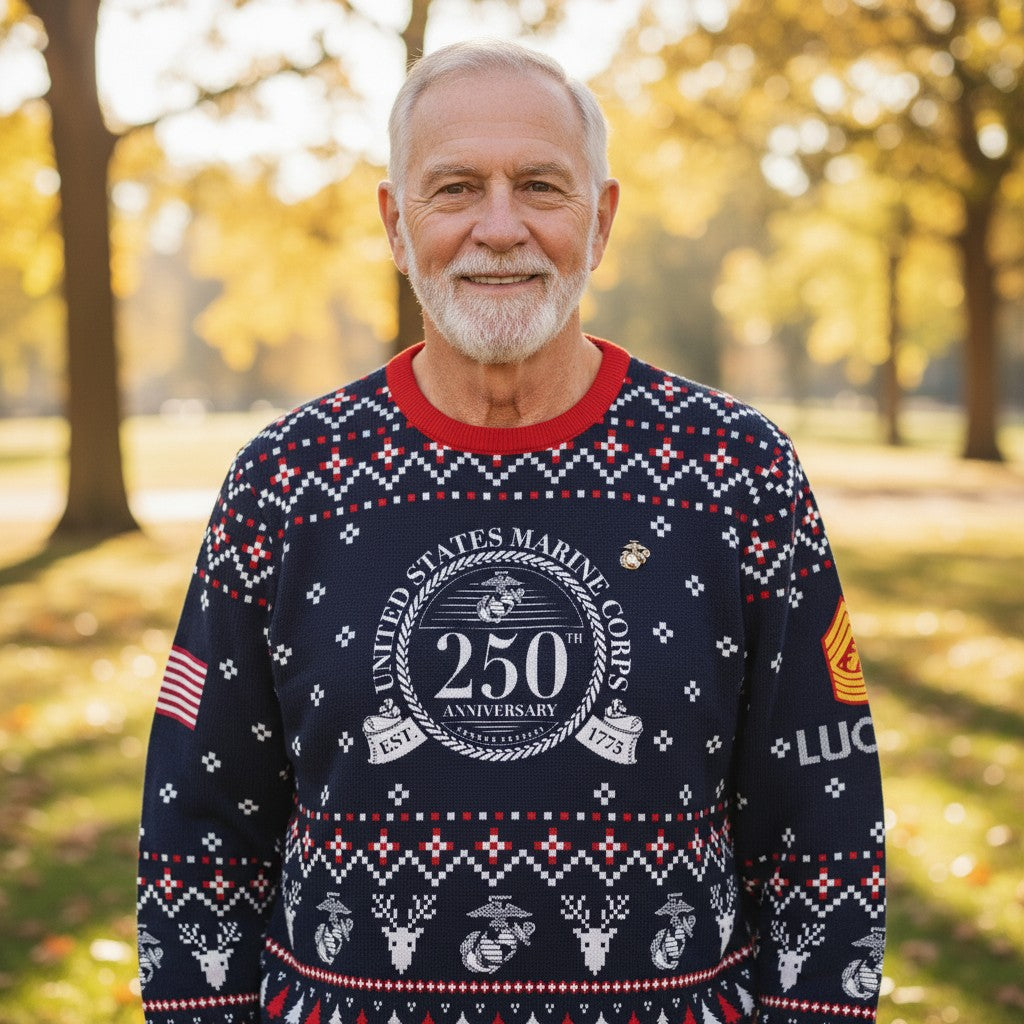 US Marine Corps 250th Anniversary Ugly Christmas Sweater – Military Veteran Holiday Gift
