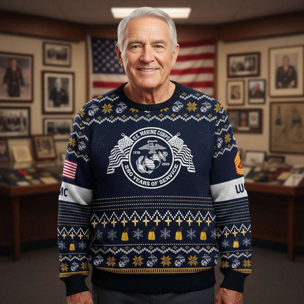USMC 250 Years Anniversary Ugly Christmas Sweater – Marine Corps Veteran Christmas Gift