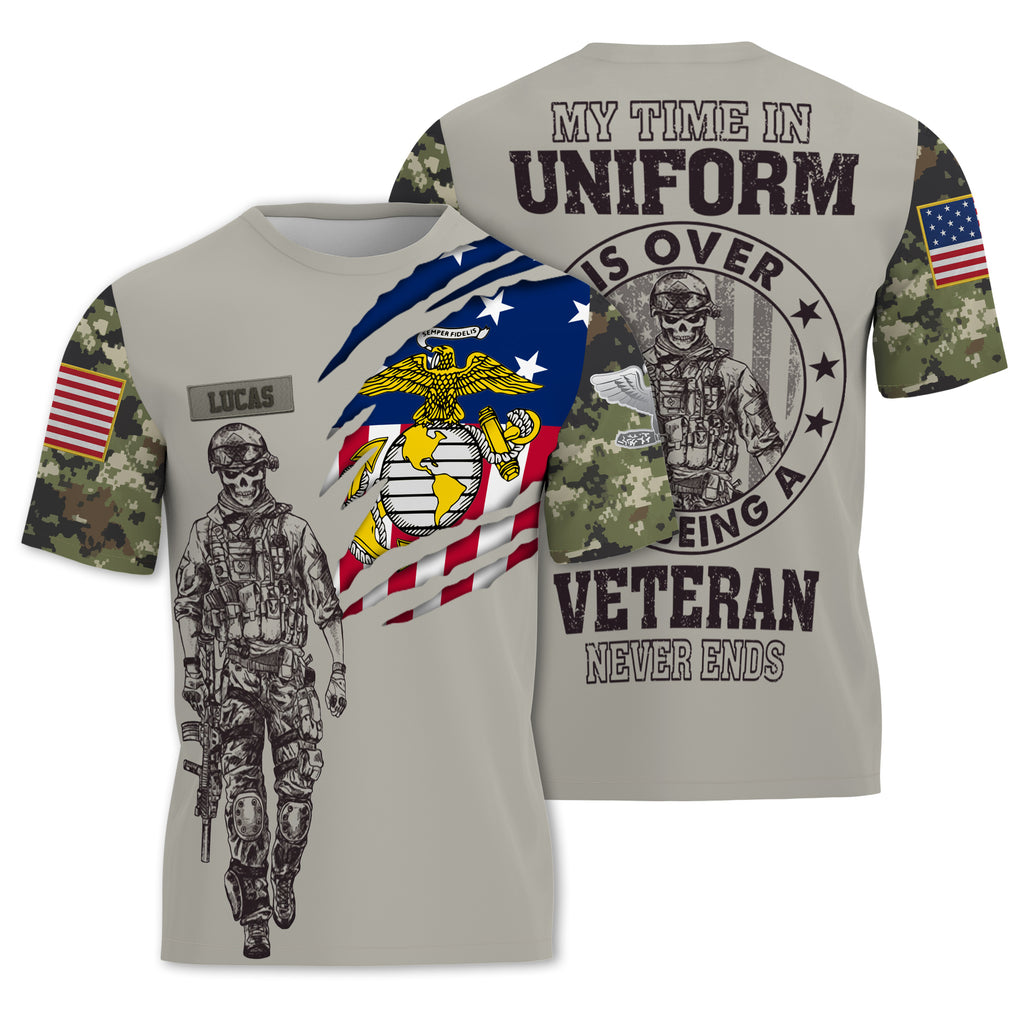 Custom U.S. Marine Veteran Shirt, Personalized Name & Rank Military Tee, American Flag Camo Soldier Shirt, Veteran Gift for Him
