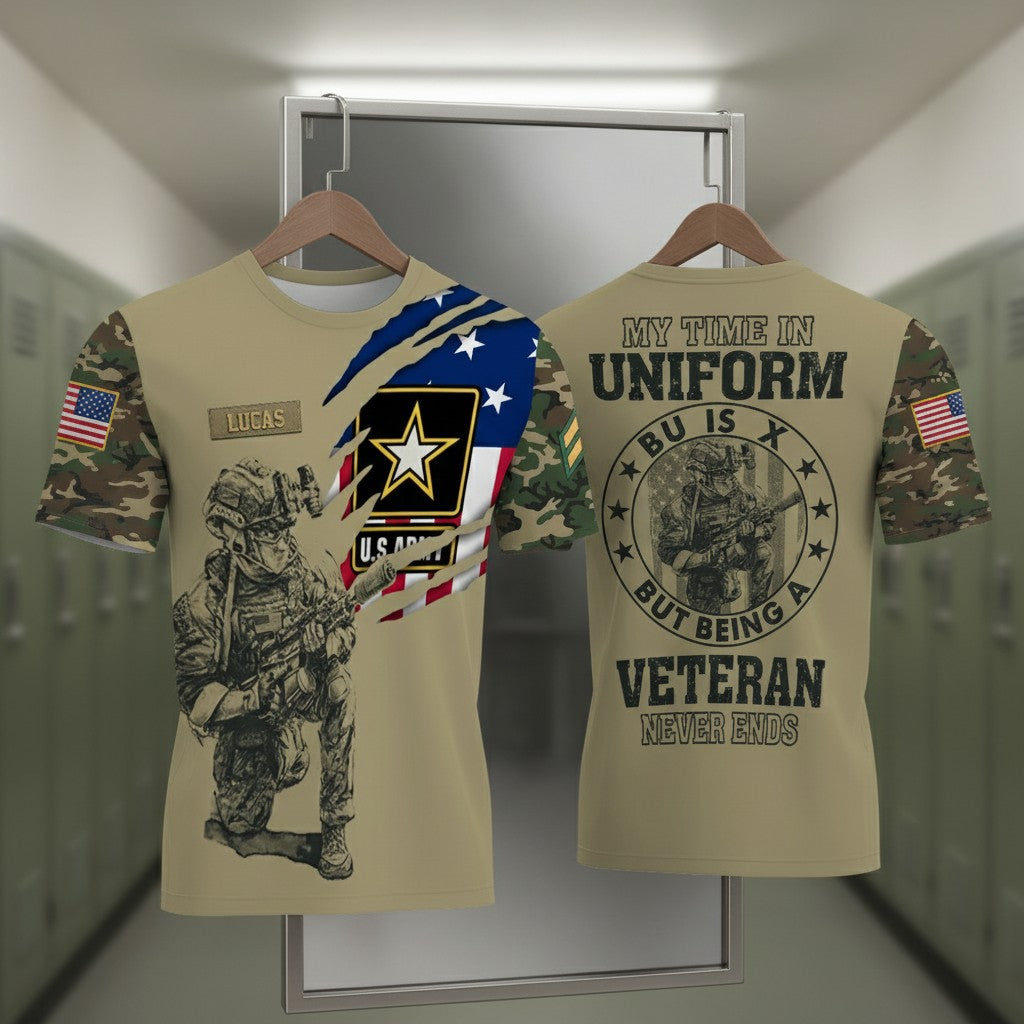 Custom U.S. Army T-Shirt with Name and Rank – Military Tactical Design, American Flag & Soldier Graphic
