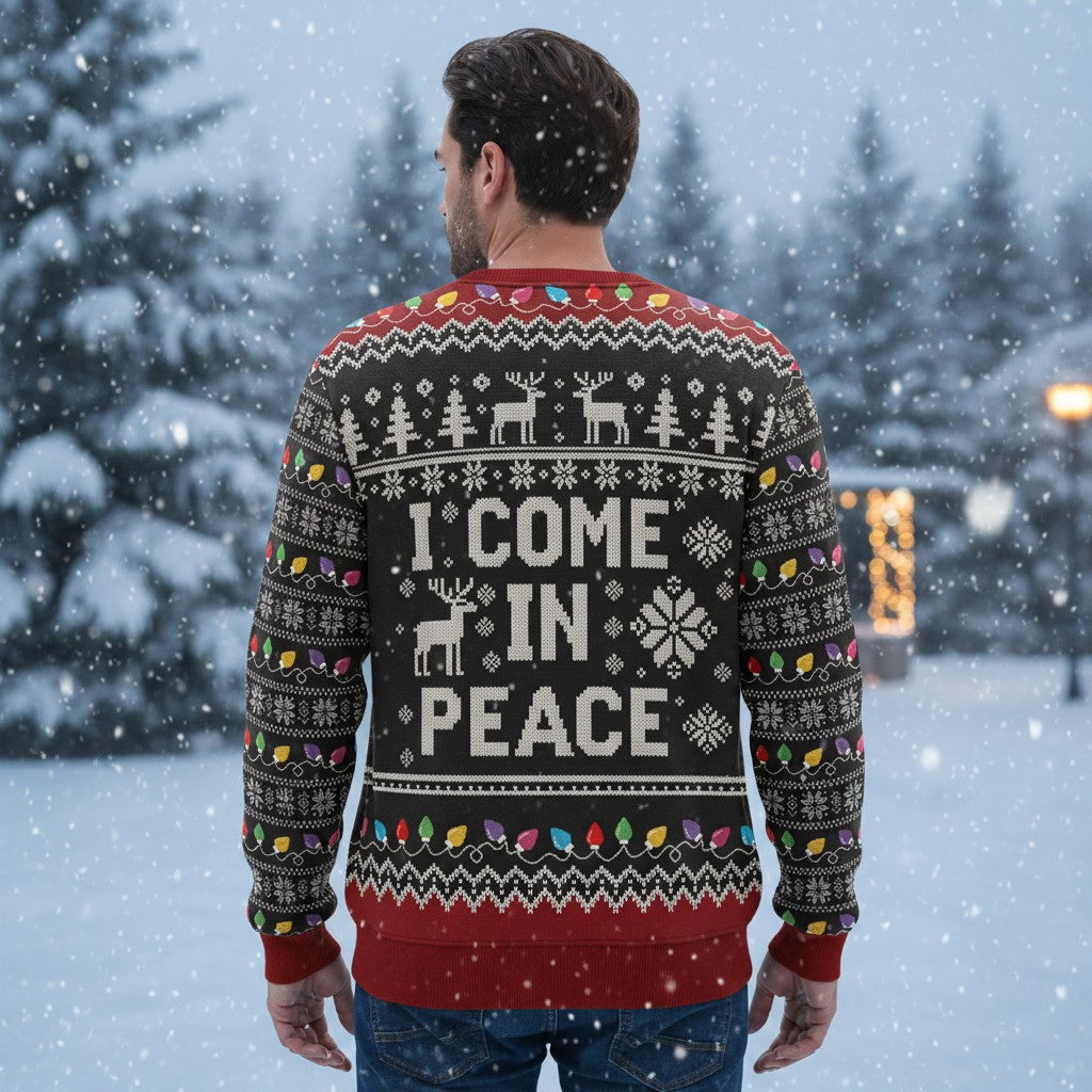 I Come In Peace Christmas Sweater – Reindeer & Lights