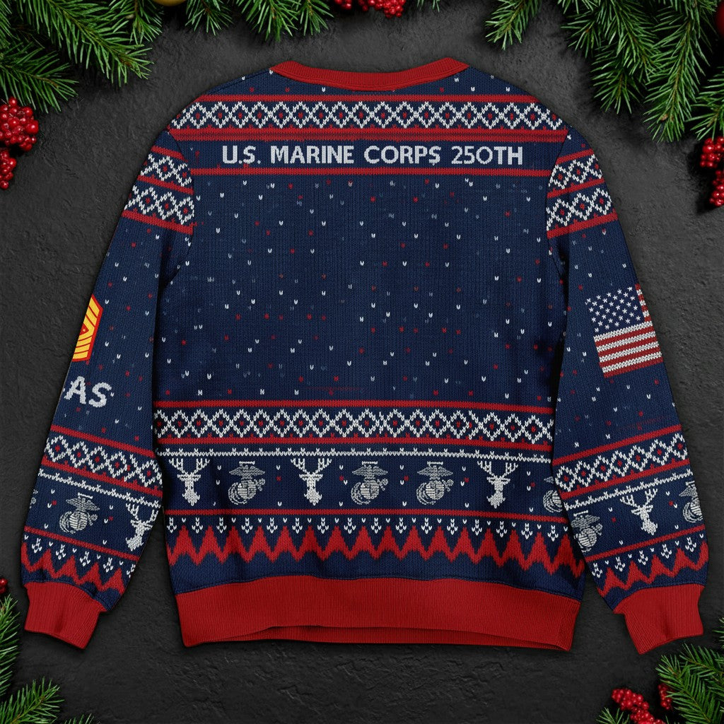 US Marine Corps 250th Anniversary Ugly Christmas Sweater - Patriotic Veteran Holiday Gift