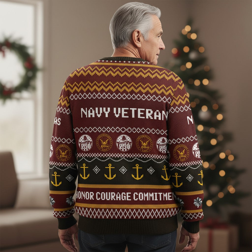 Navy Veteran Ugly Christmas Sweater – Honor Courage Commitment