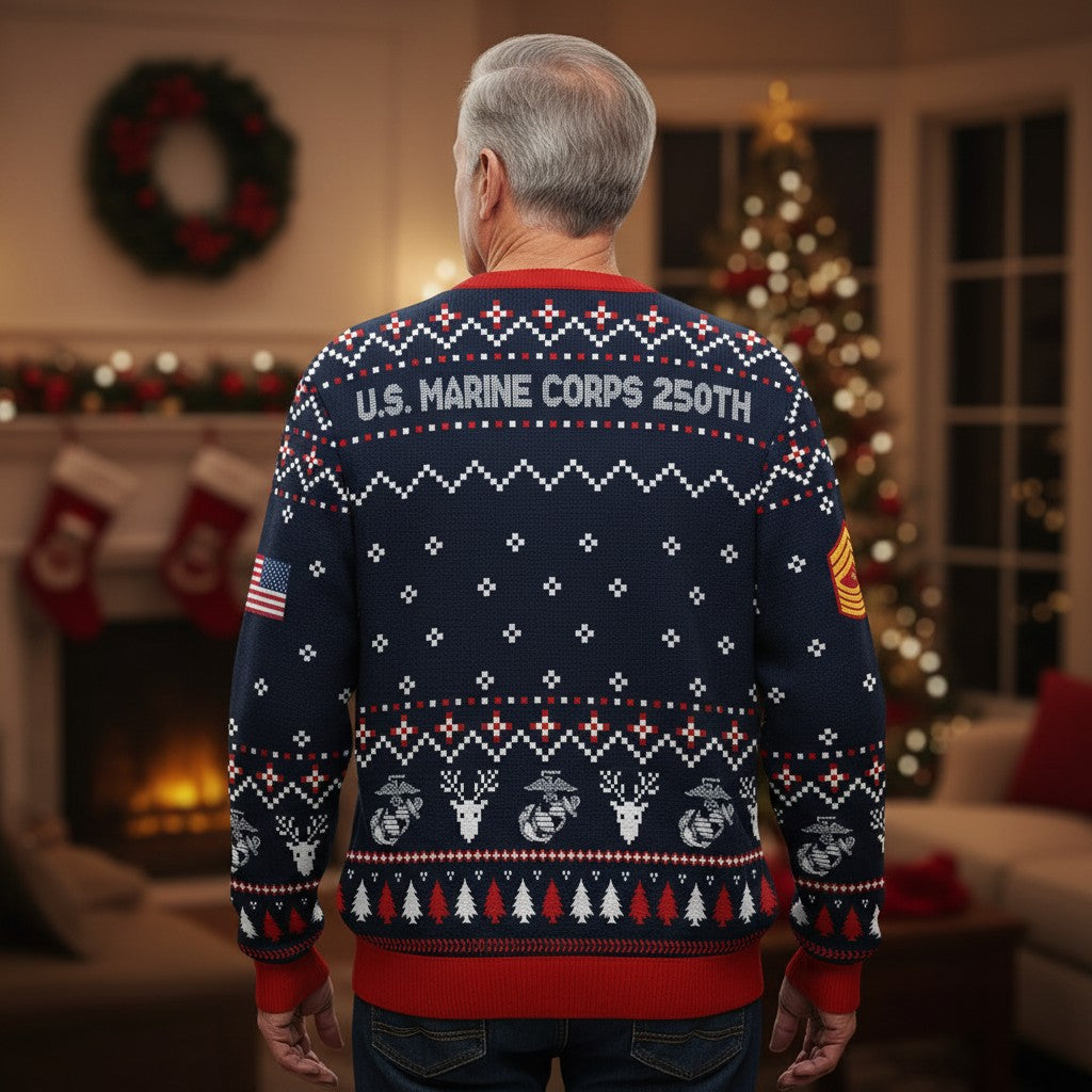 US Marine Corps 250th Anniversary Ugly Christmas Sweater – Military Veteran Holiday Gift