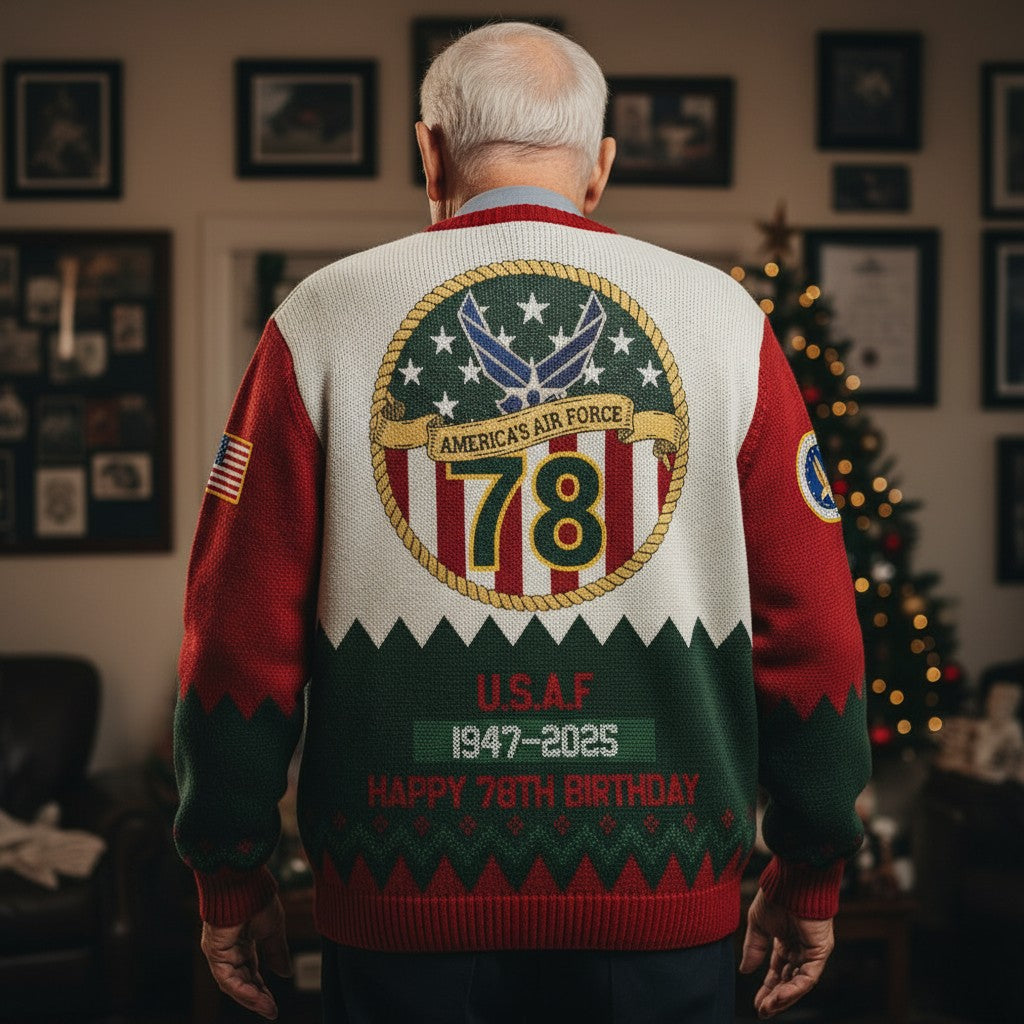 USAF Fly Fight Win Ugly Christmas Sweater – Personalized Air Force Veteran Federal Service Gift