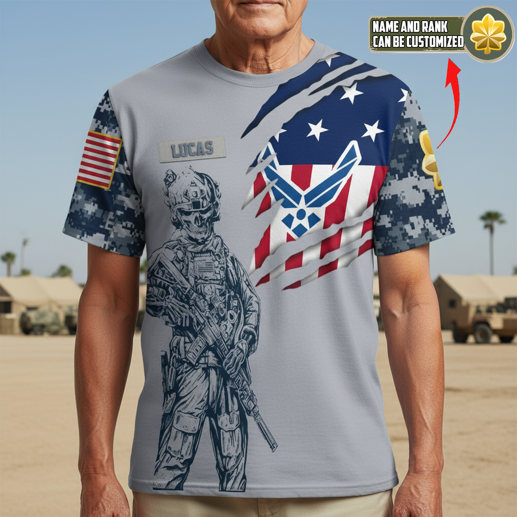 Custom U.S. Air Force Veteran Shirt, Personalized Name & Rank Military Tee, American Flag Camo Soldier Shirt, Veteran Gift for Him
