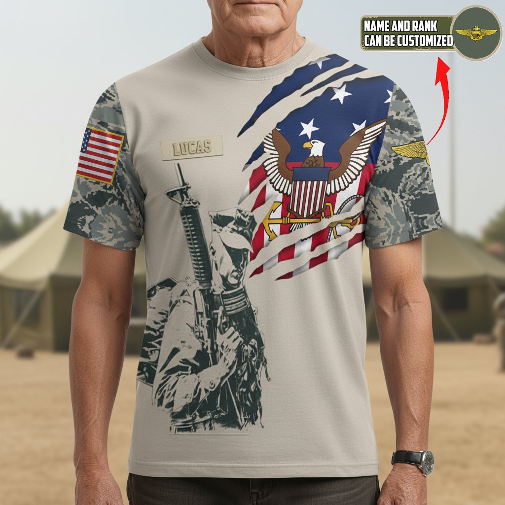 Custom U.S. Navy Veteran Shirt, Personalized Name & Rank Military Tee, American Flag Camo Soldier Shirt, Veteran Gift for Him