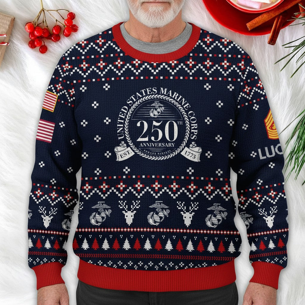 US Marine Corps 250th Anniversary Ugly Christmas Sweater – Military Veteran Holiday Gift
