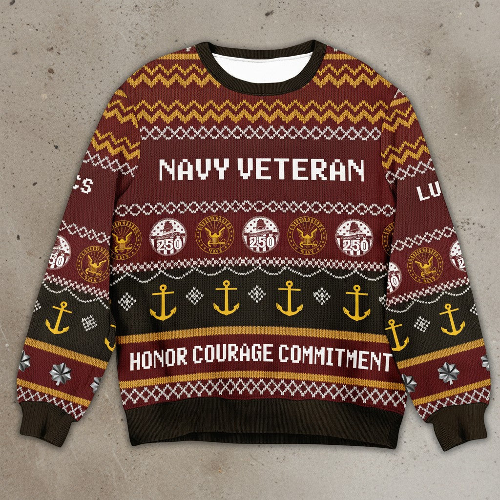 Navy Veteran Ugly Christmas Sweater – Honor Courage Commitment