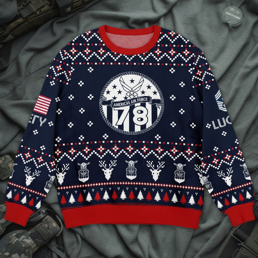 Personalized Air Force Christmas Sweater – USAF Fly Fight Win Ugly Sweater Gift for Veterans